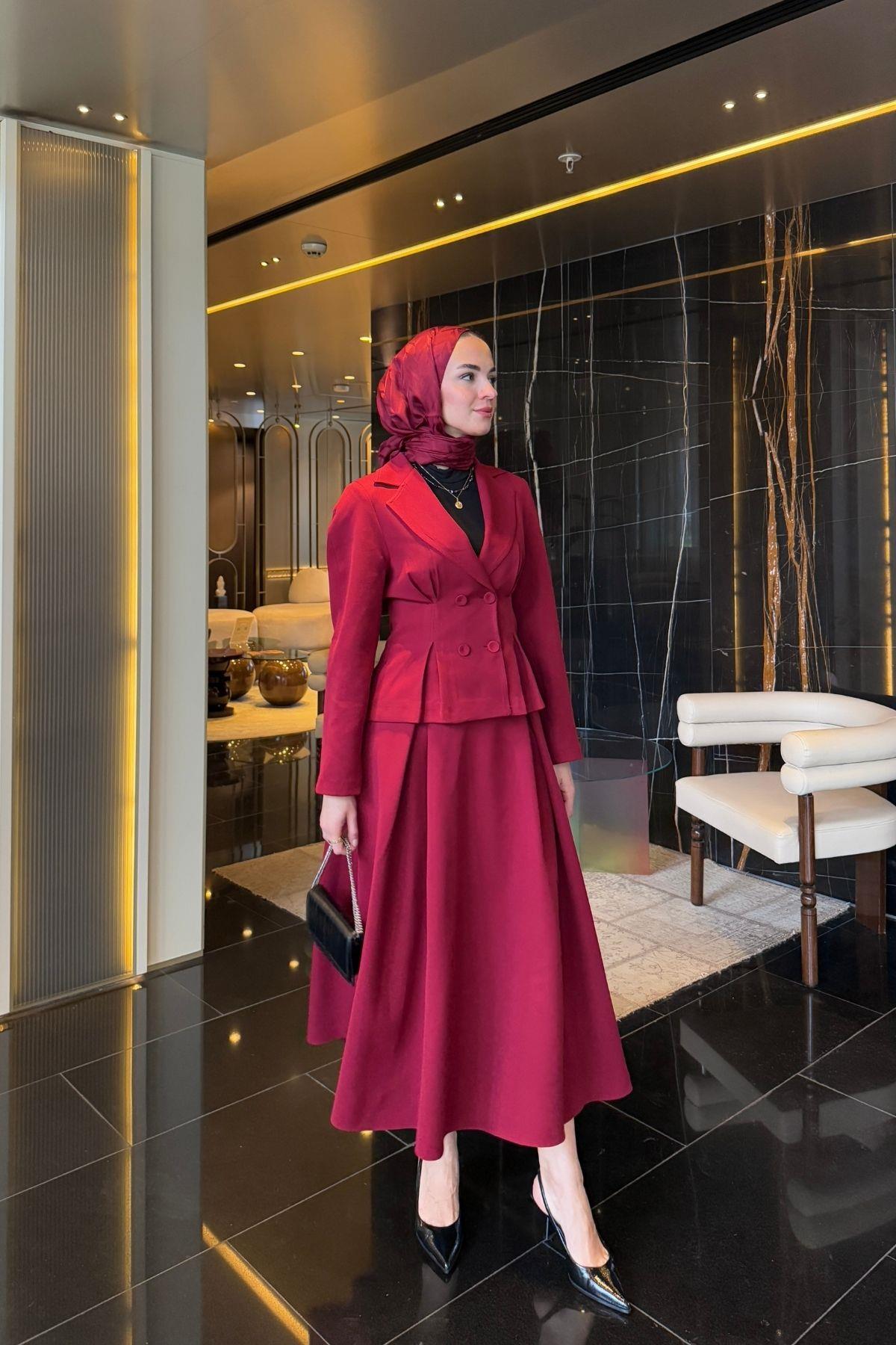 Lara Blazer Etekli Takım Bordo