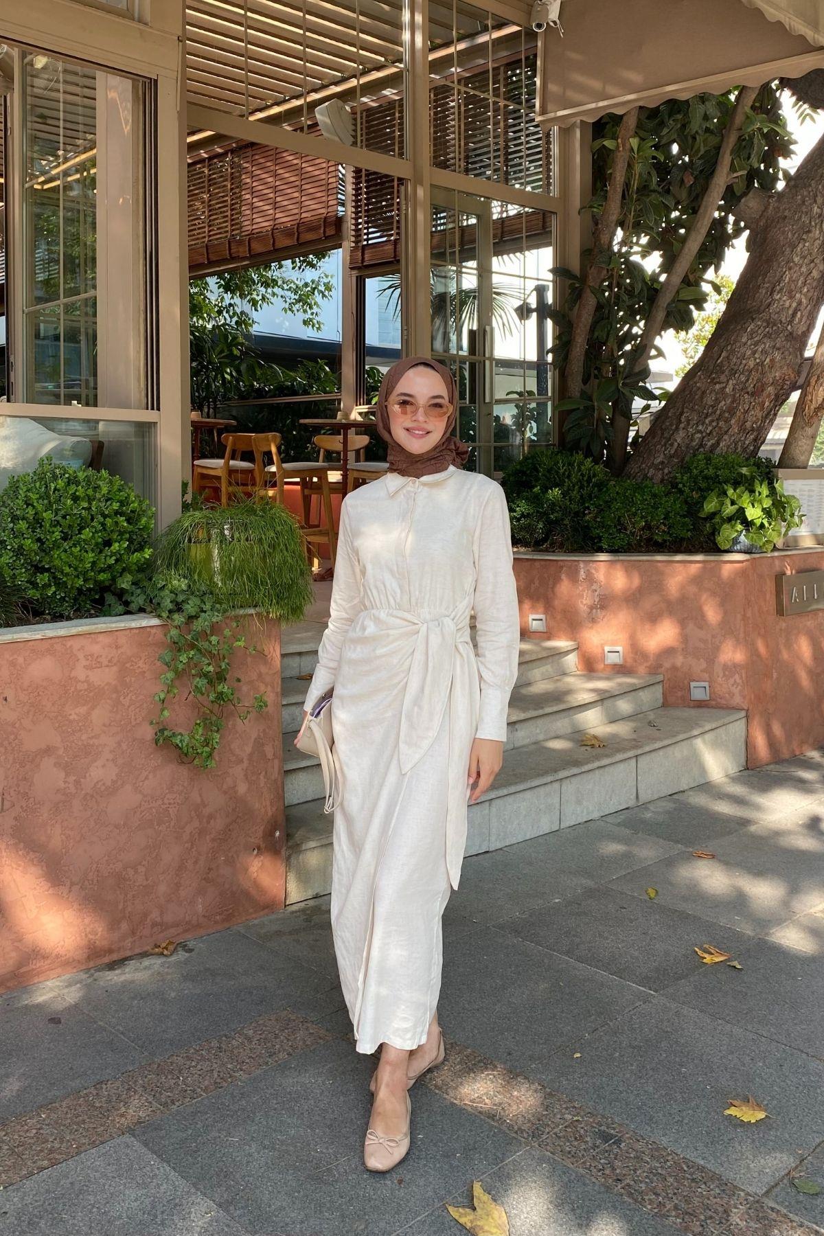 Lia Bağlamalı Keten Elbise Ekru
