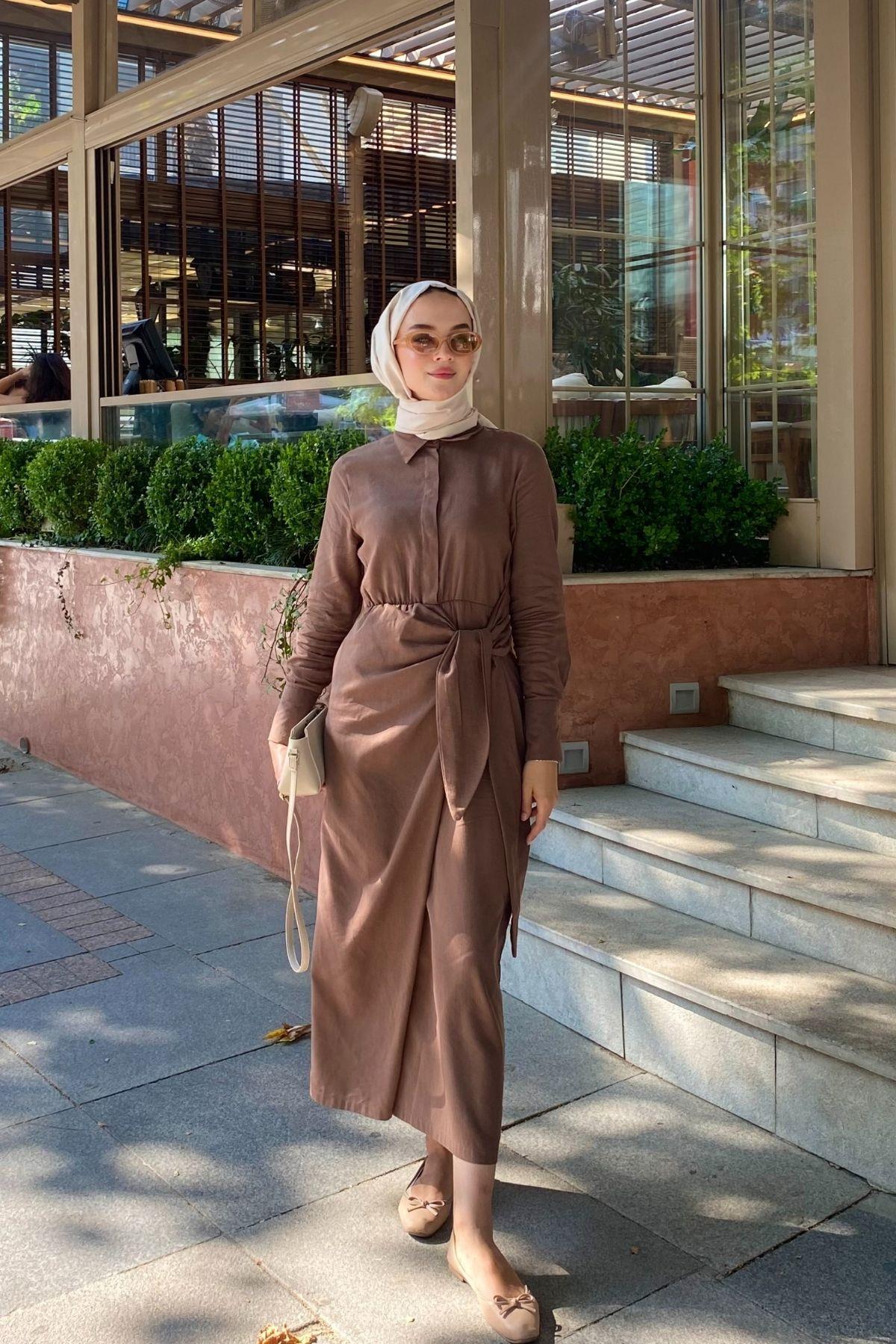 Lia Bağlamalı Keten Elbise Kahverengi