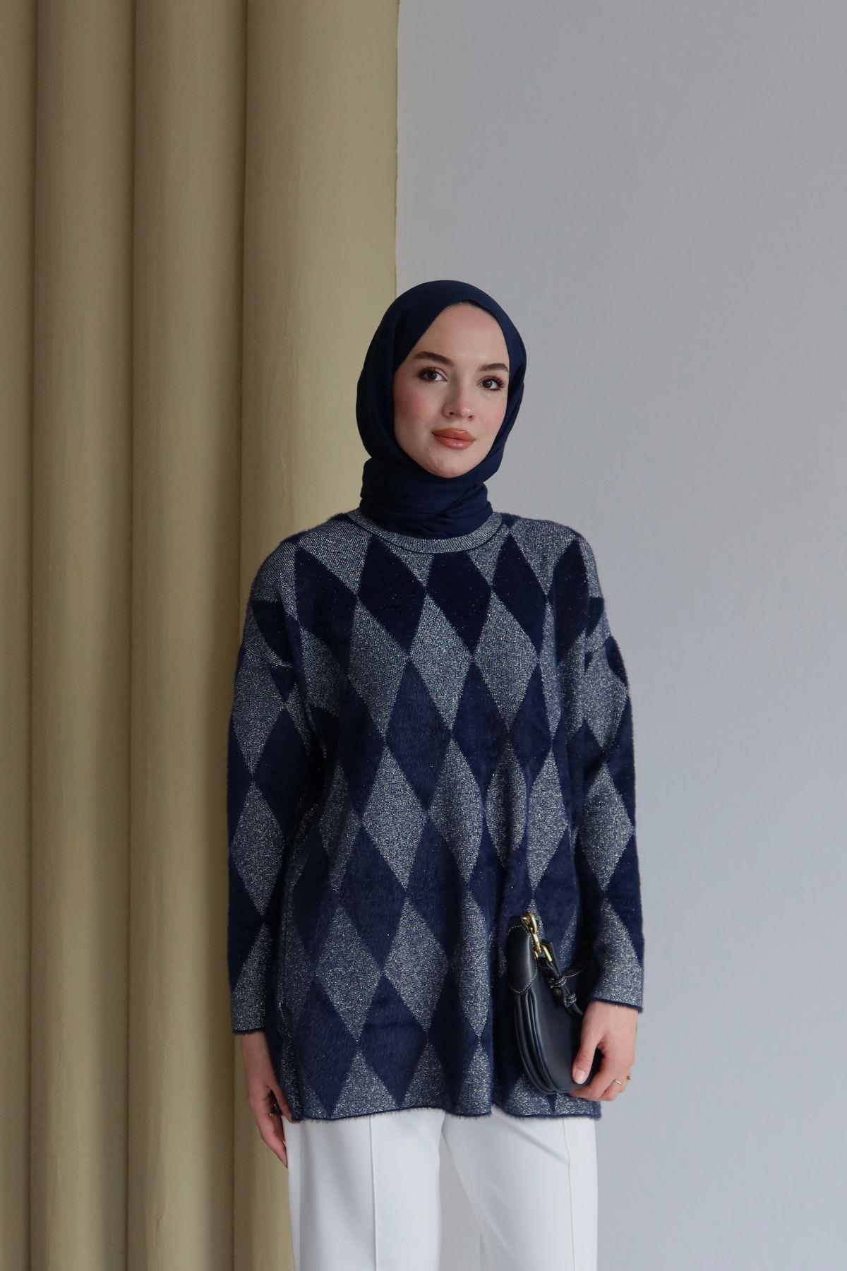Lisa Baklava Desen Angora Tunik Lacivert