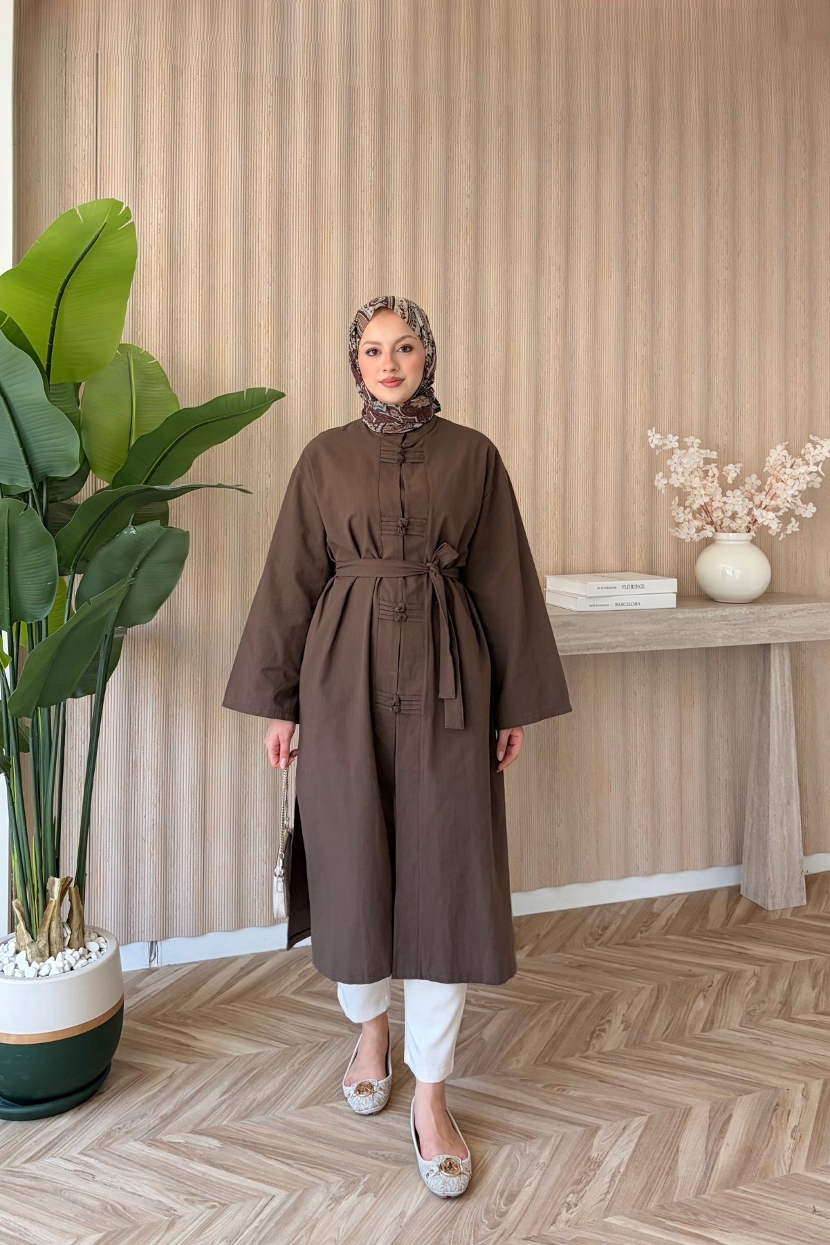 Liva Keten Düğmeli Tunik Kahverengi