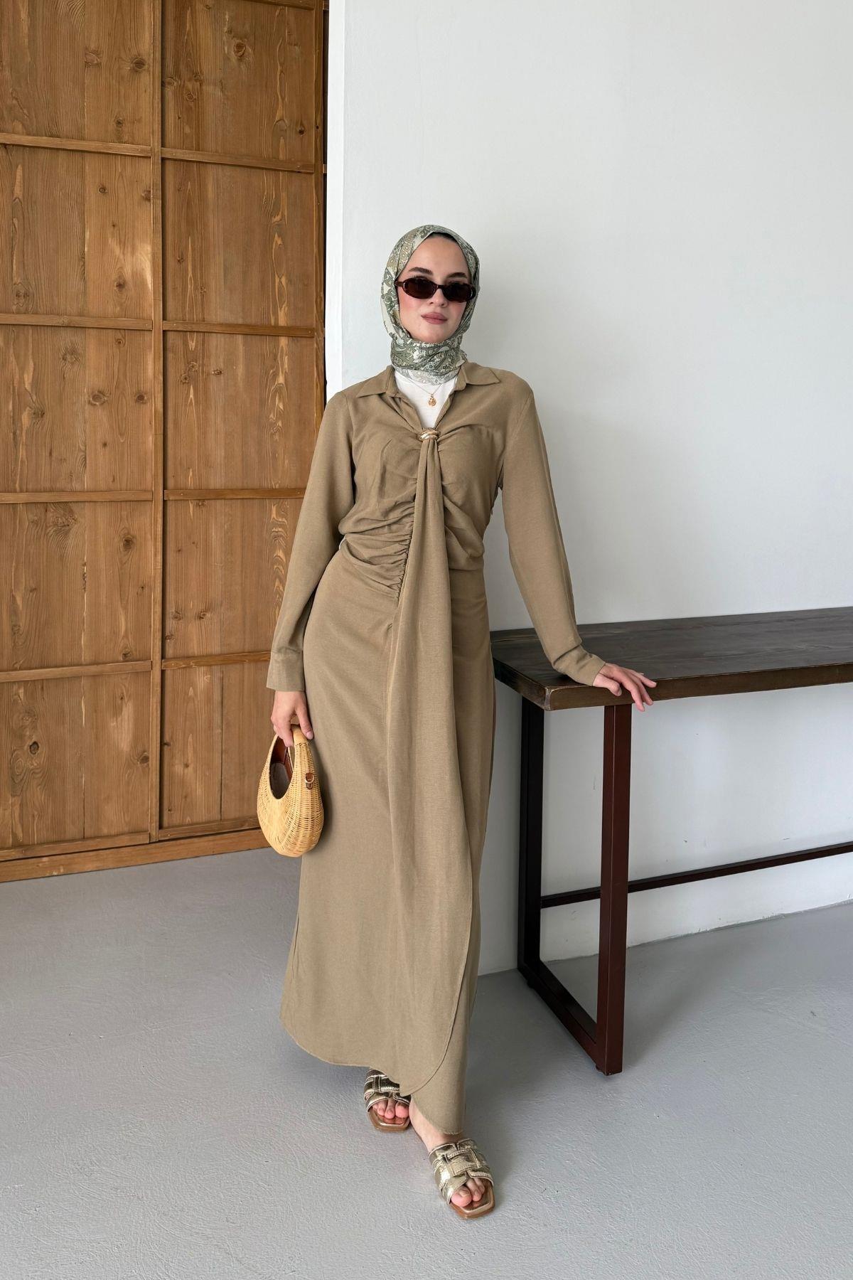 Liza Keten Elbise Haki
