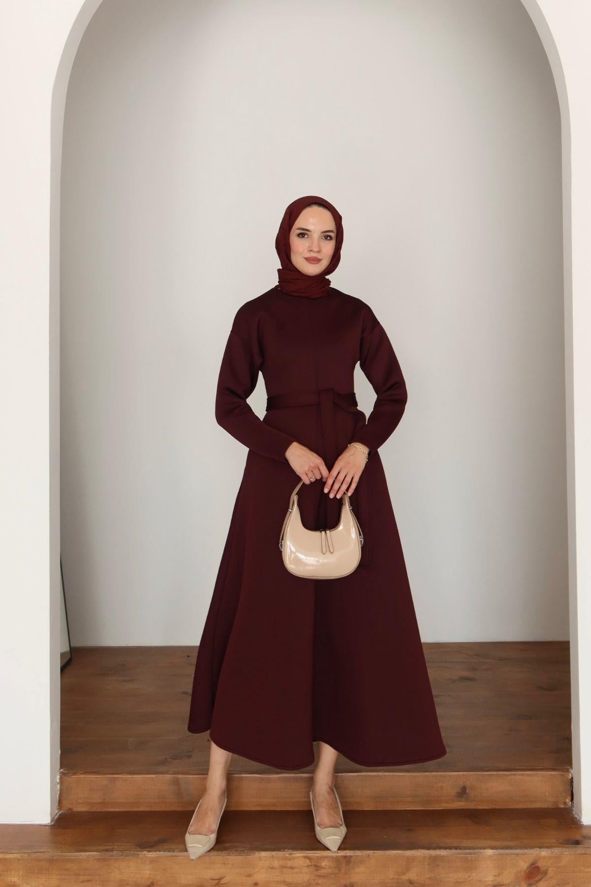 Lora Scuba Elbise Bordo