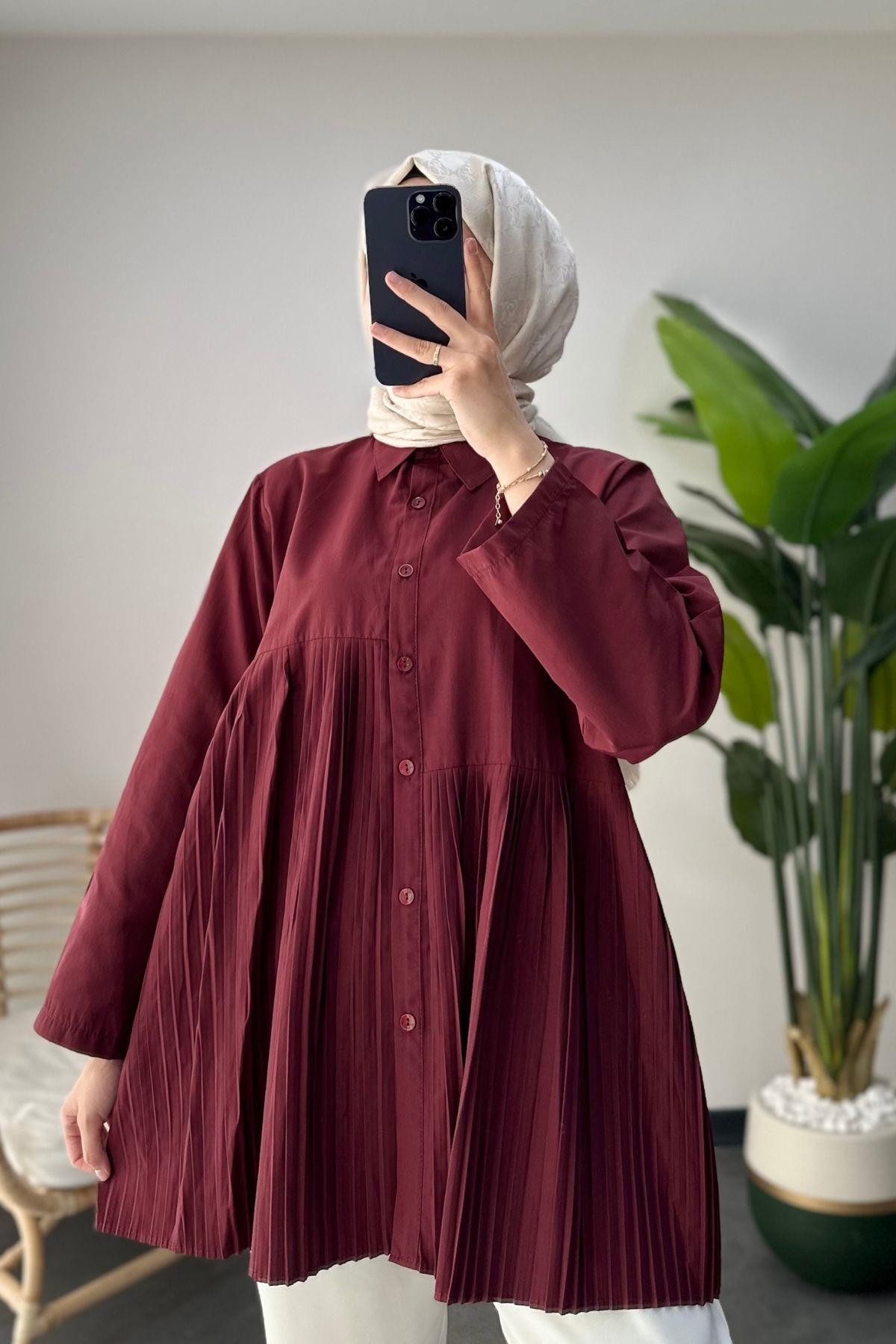 Piliseli Poplin Gömlek Bordo