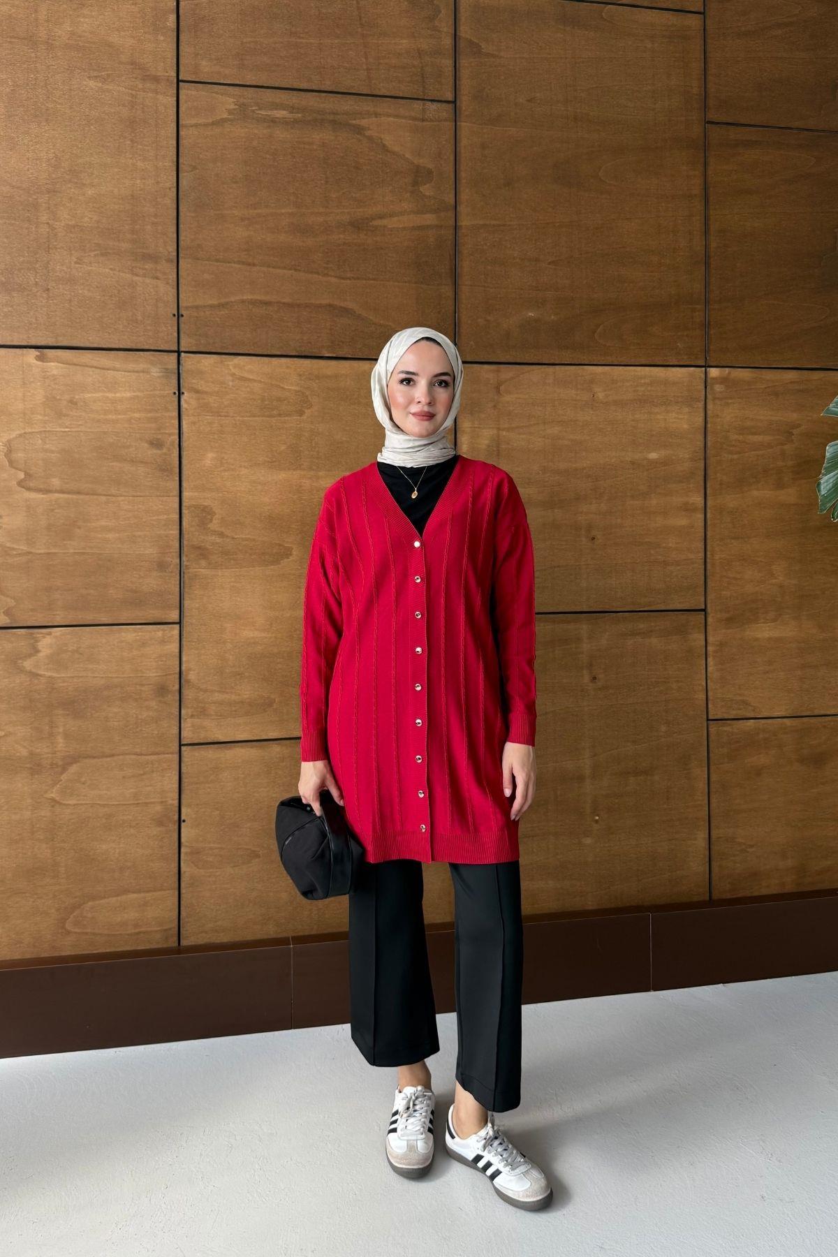 Premium Örgülü Triko Hırka Kırmızı