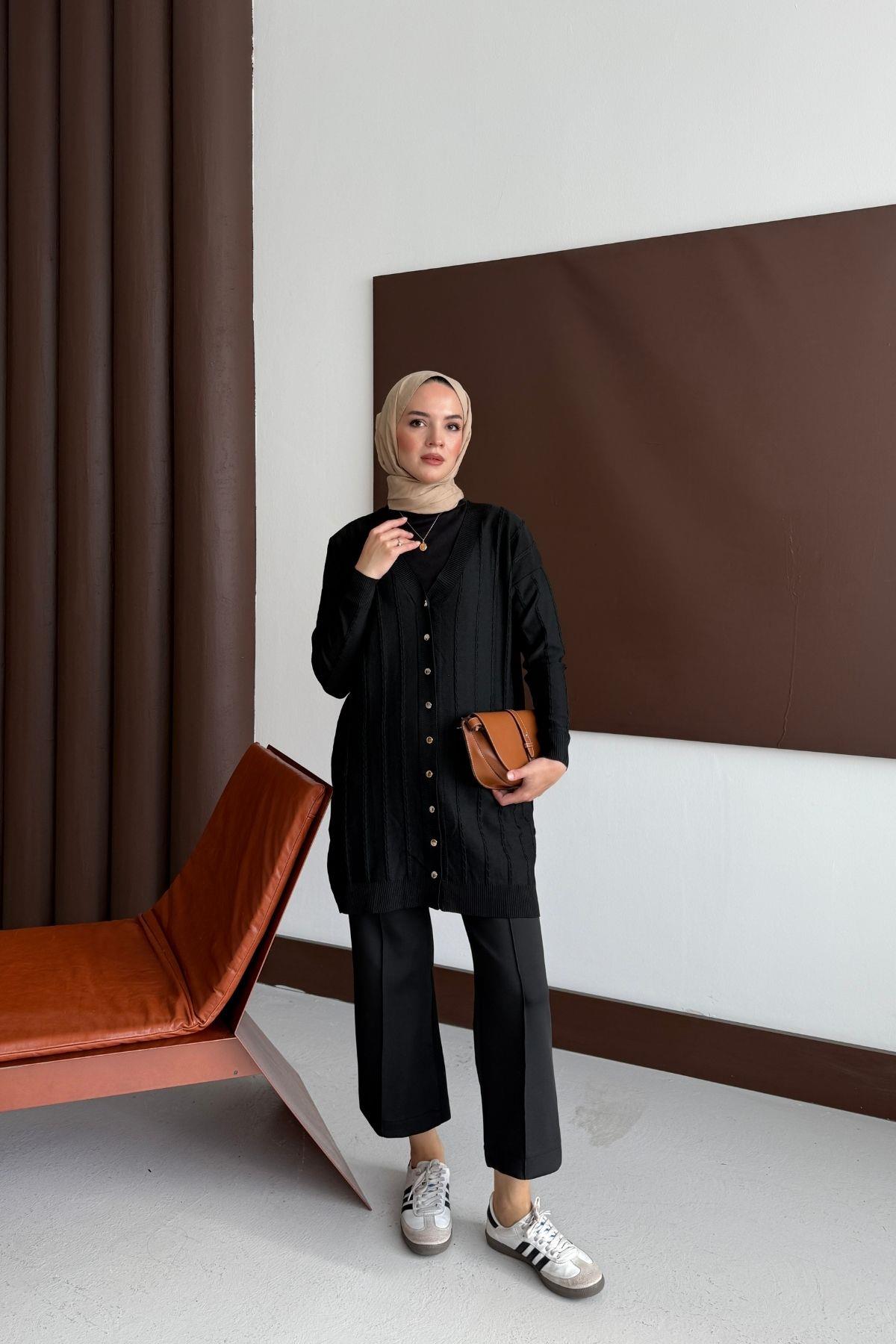 Premium Örgülü Triko Hırka Siyah