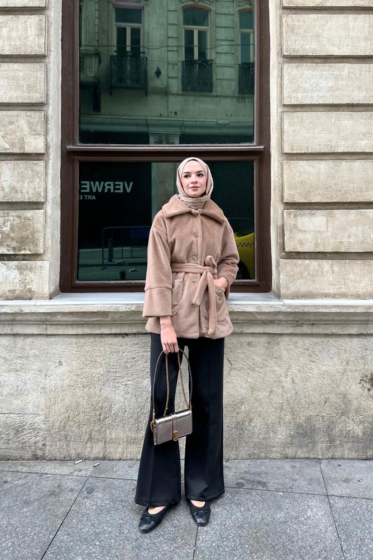 Riba Peluş Mont Vizon