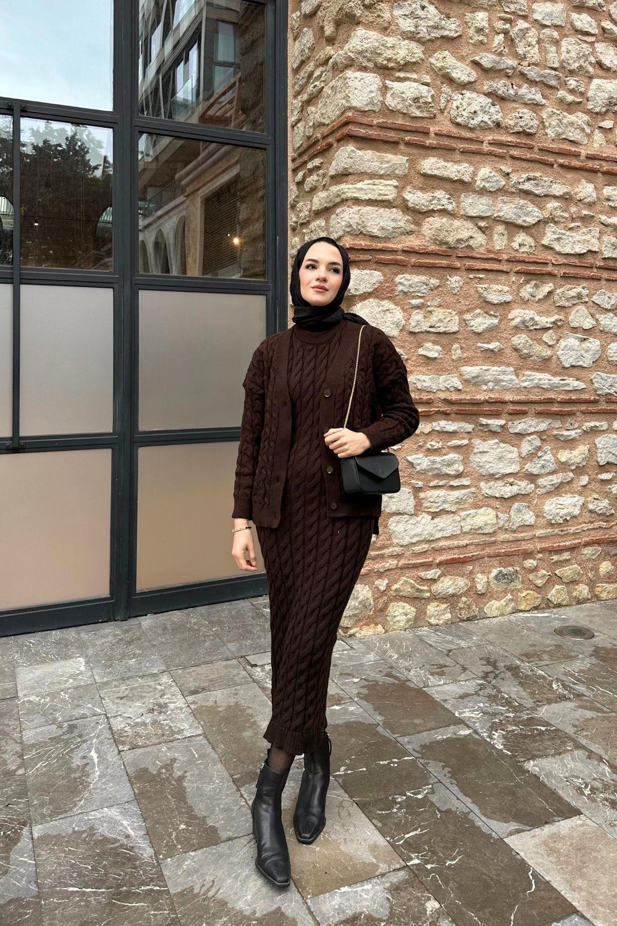Saç Örgü Hırkalı Triko Elbise Acı Kahve
