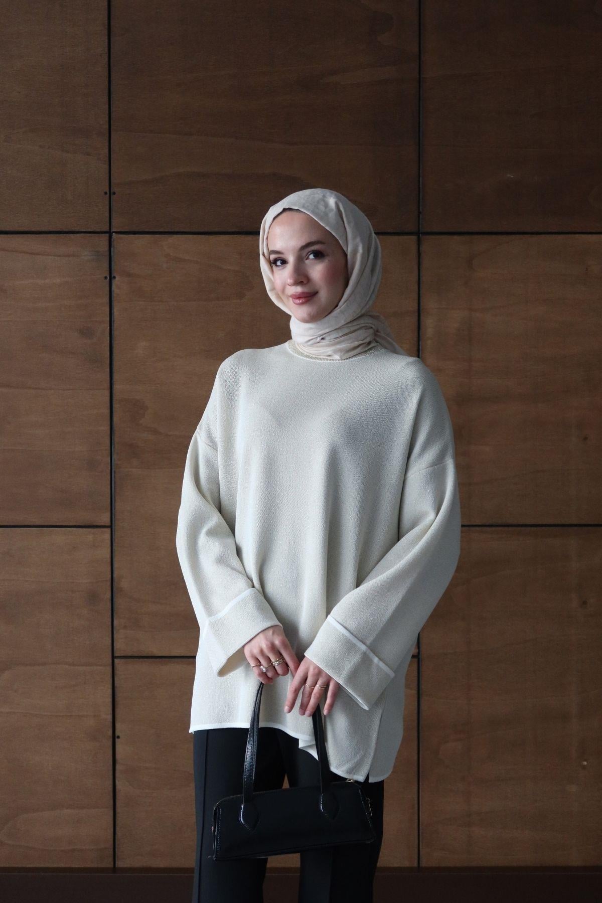 Simli Basic Triko Tunik Ekru