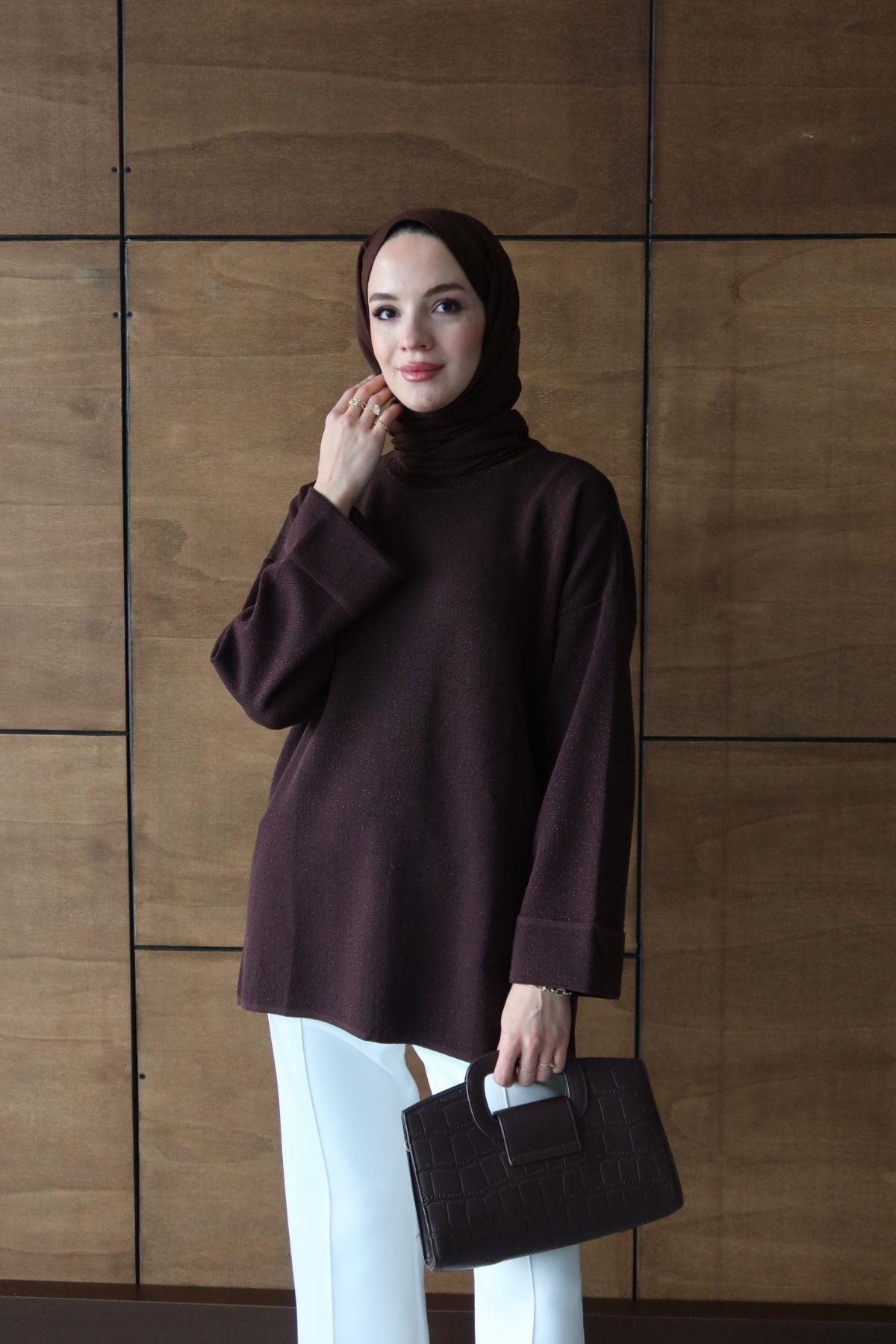 Simli Basic Triko Tunik Kahverengi