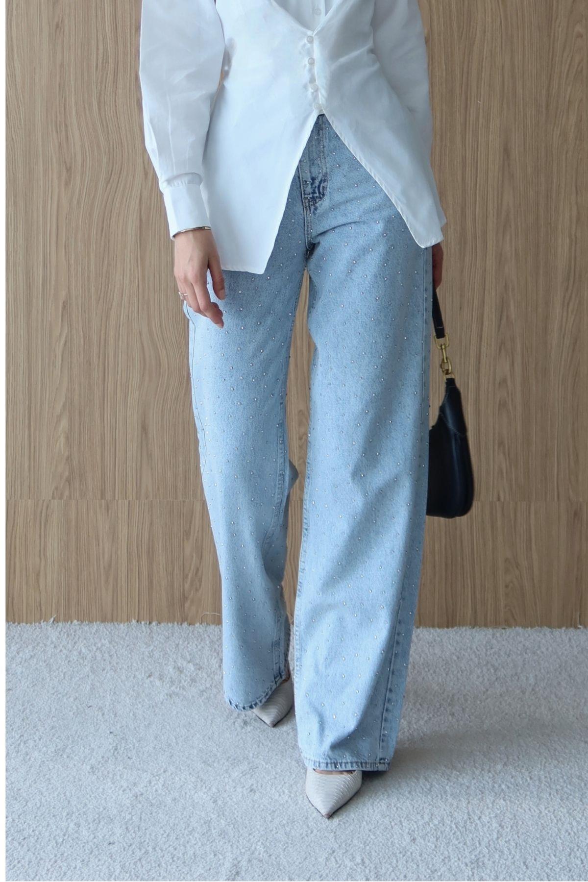 Taşlı Denim Pantolon Buz Mavisi
