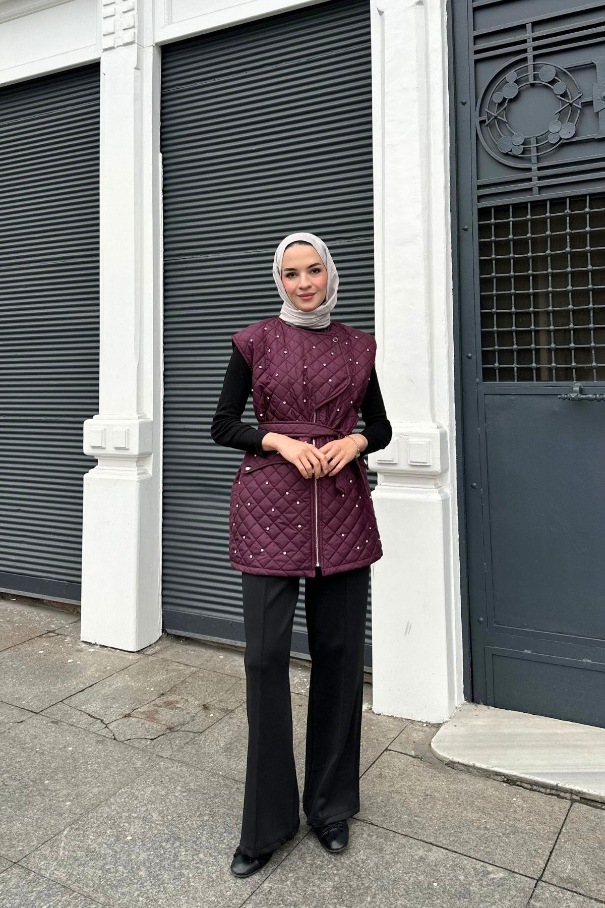 Taşlı Kapitone Yelek Bordo