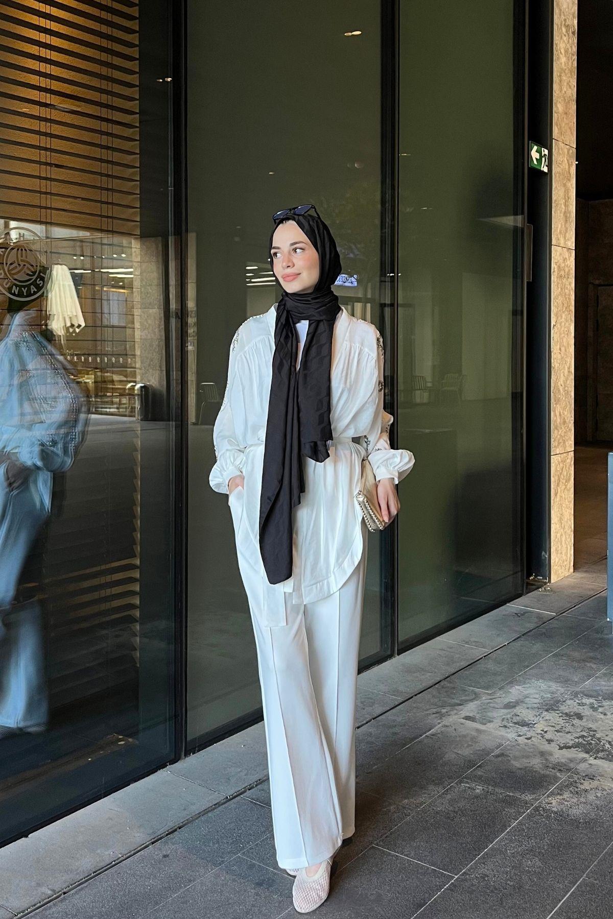 Tensel Taşlı Kimono Beyaz