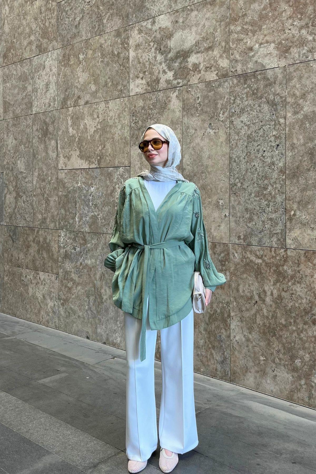 Tensel Taşlı Kimono Mint Yeşili