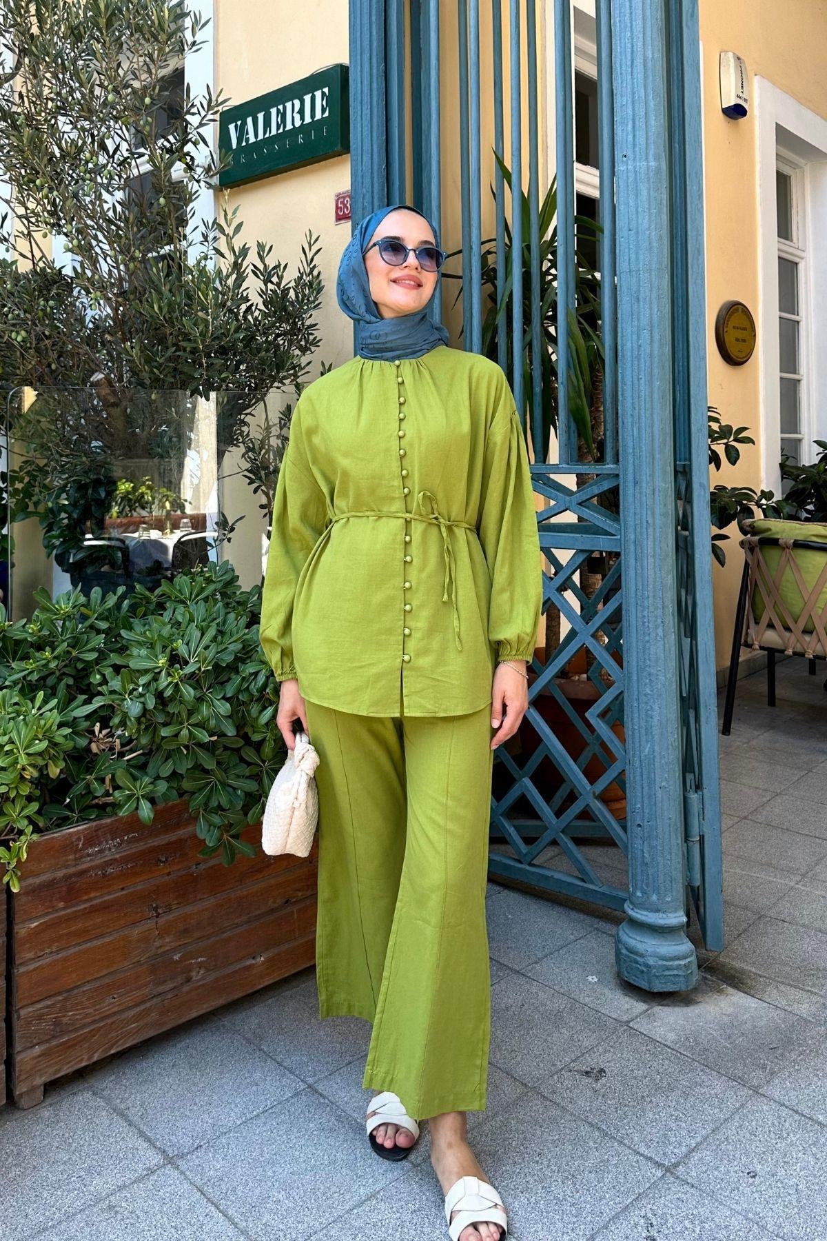 Tina Düğmeli Keten Takım Yeşil