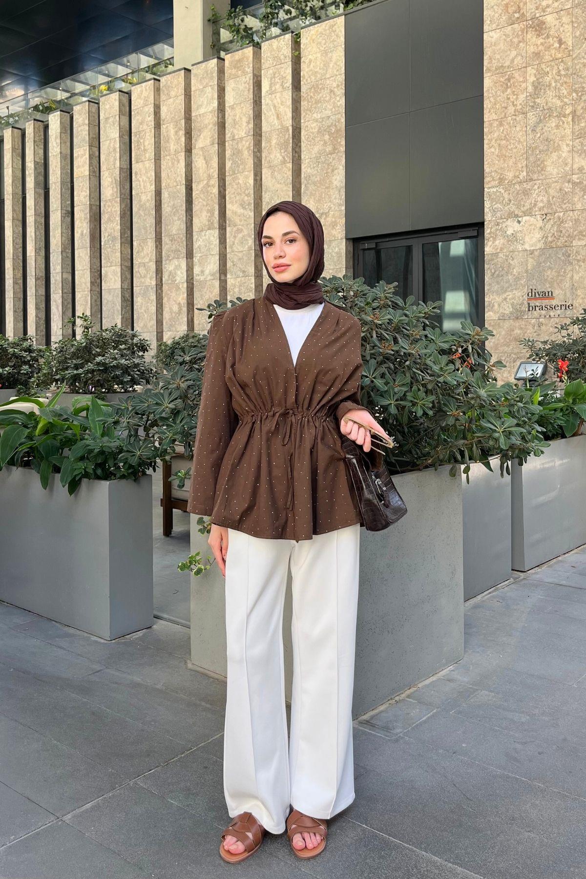 Vual Taşlı Kimono Kahverengi
