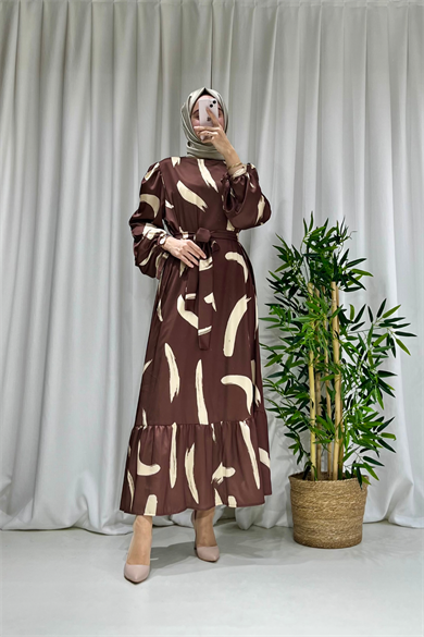 Fırça Desen Elbise Kahverengi