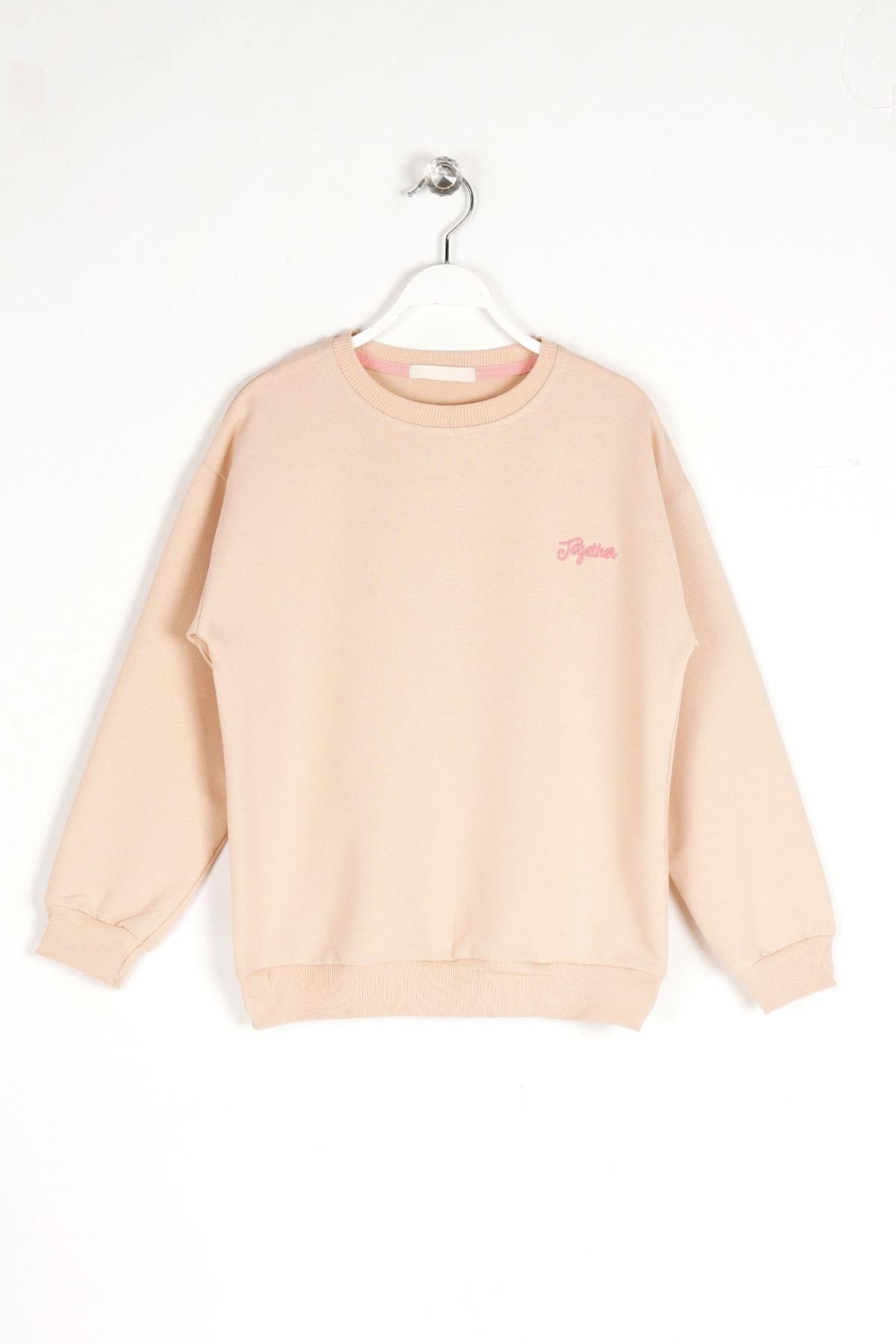 Bisiklet Yaka Uzun Kol Bej Renk Kız Çocuk Sweatshirt