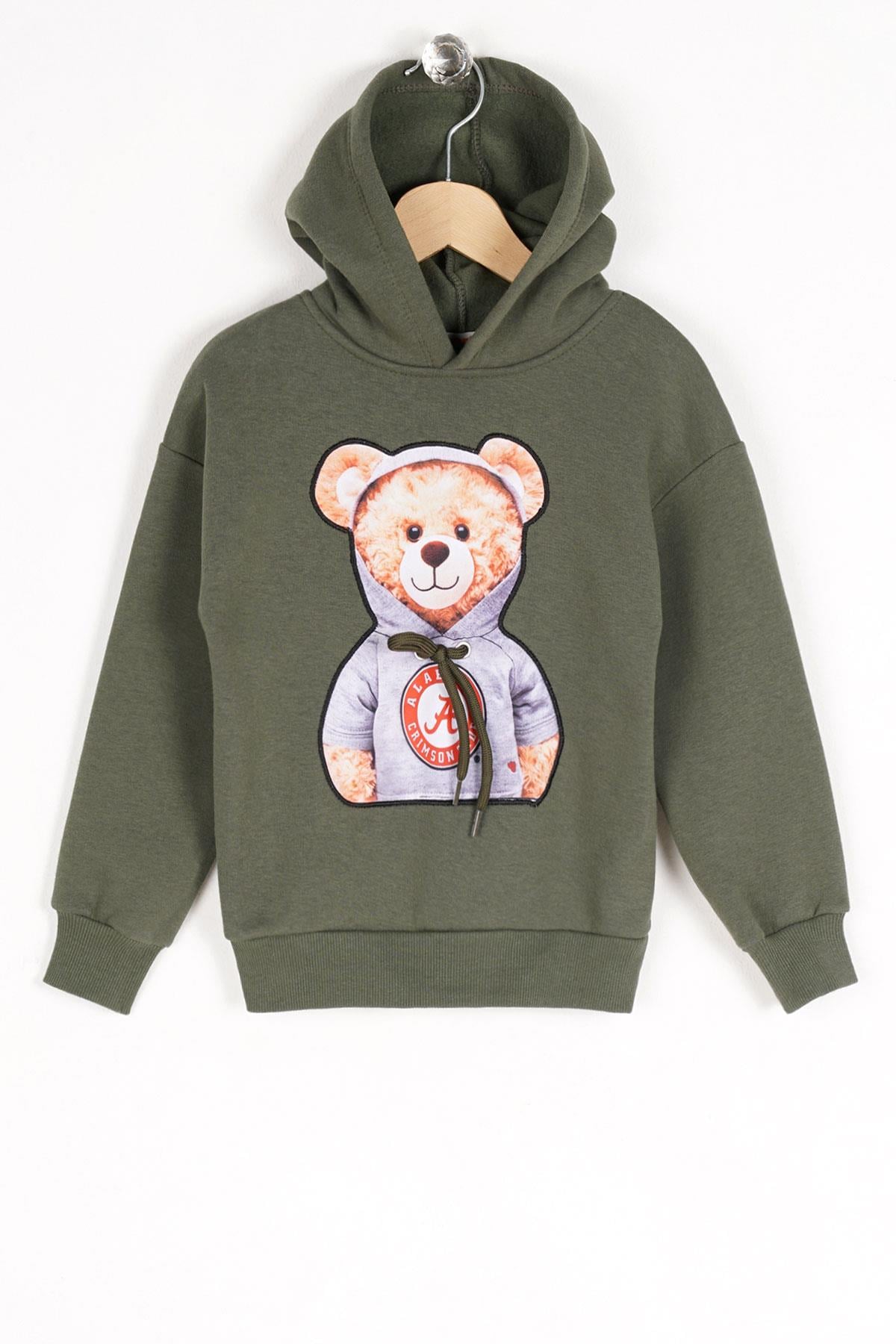 Kapüşonlu Uzun Kol Ayı Baskılı Haki Renk Erkek Çocuk Sweatshirt