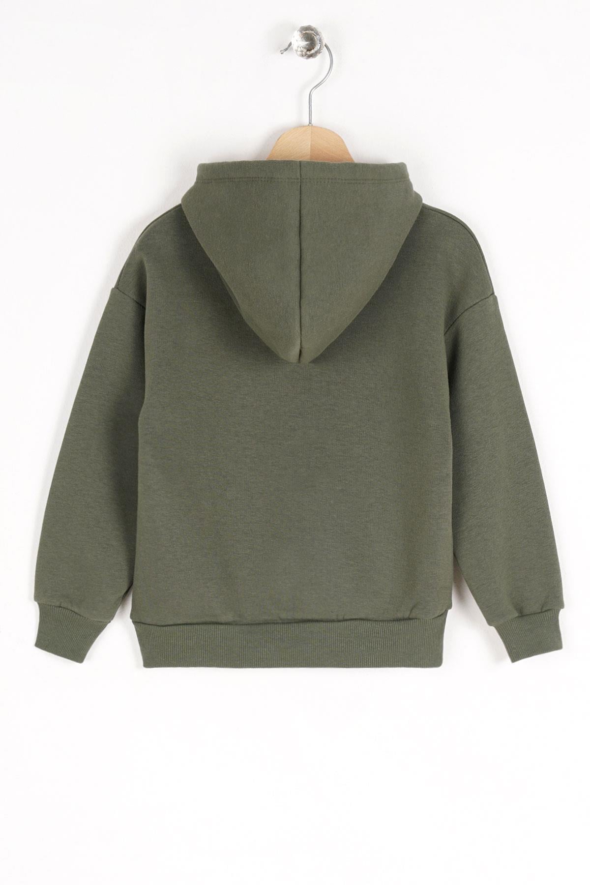 Kapüşonlu Uzun Kol Ayı Baskılı Haki Renk Erkek Çocuk Sweatshirt
