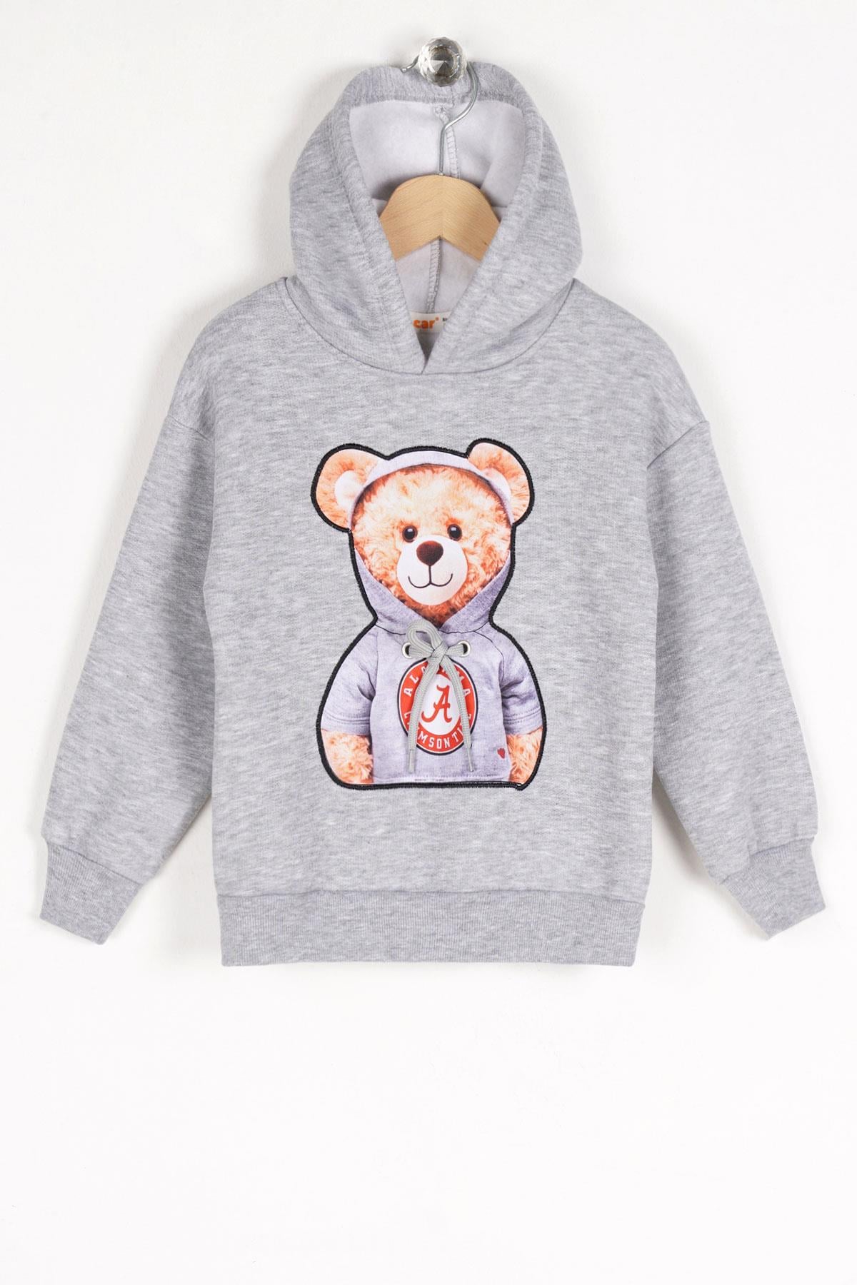 Kapüşonlu Uzun Kol Ayı Baskılı Gri Renk Erkek Çocuk Sweatshirt