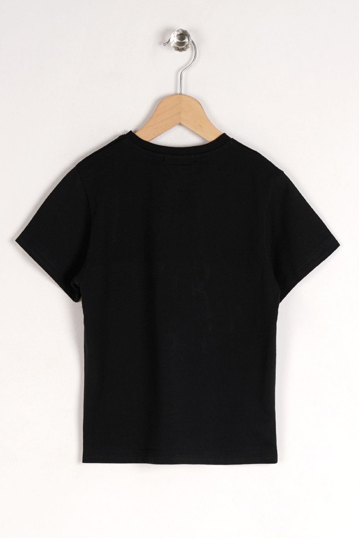 Bisiklet Yaka Kısa Kol Ayı Baskılı Siyah Renk Erkek Çocuk Tshirt