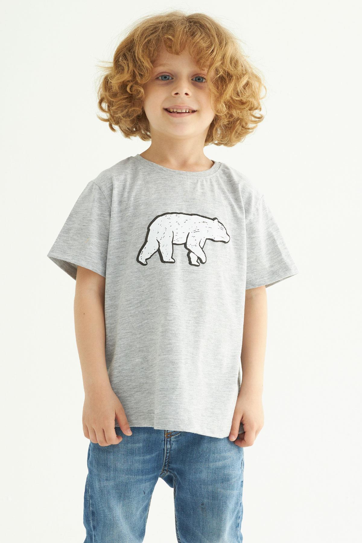Bisiklet Yaka Kısa Kol Ayı Baskılı Gri Renk Erkek Çocuk Tshirt