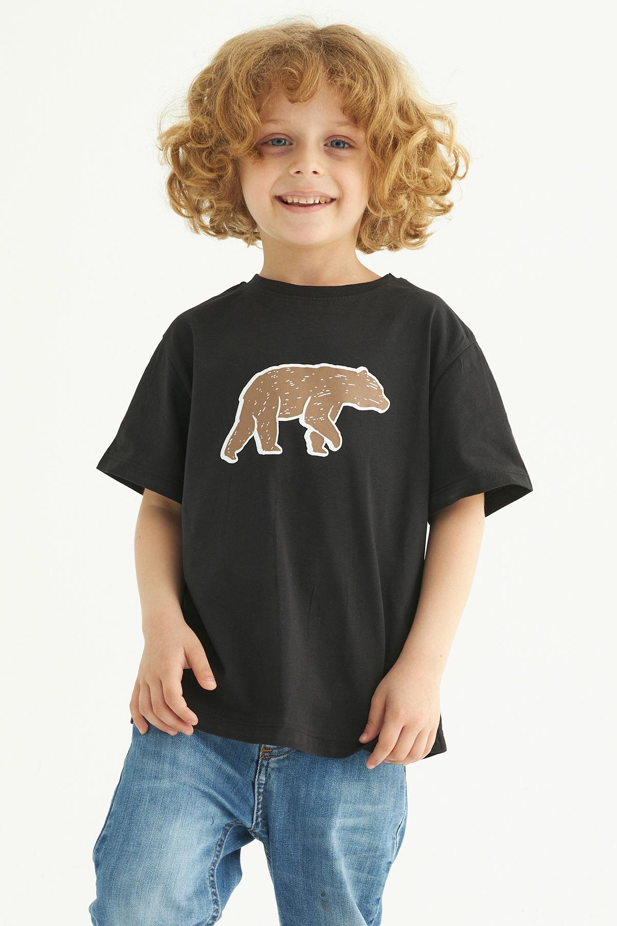 Bisiklet Yaka Kısa Kol Ayı Baskılı Siyah Renk Erkek Çocuk Tshirt