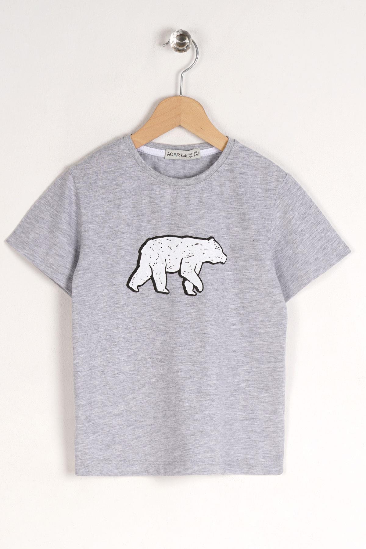 Bisiklet Yaka Kısa Kol Ayı Baskılı Gri Renk Erkek Çocuk Tshirt
