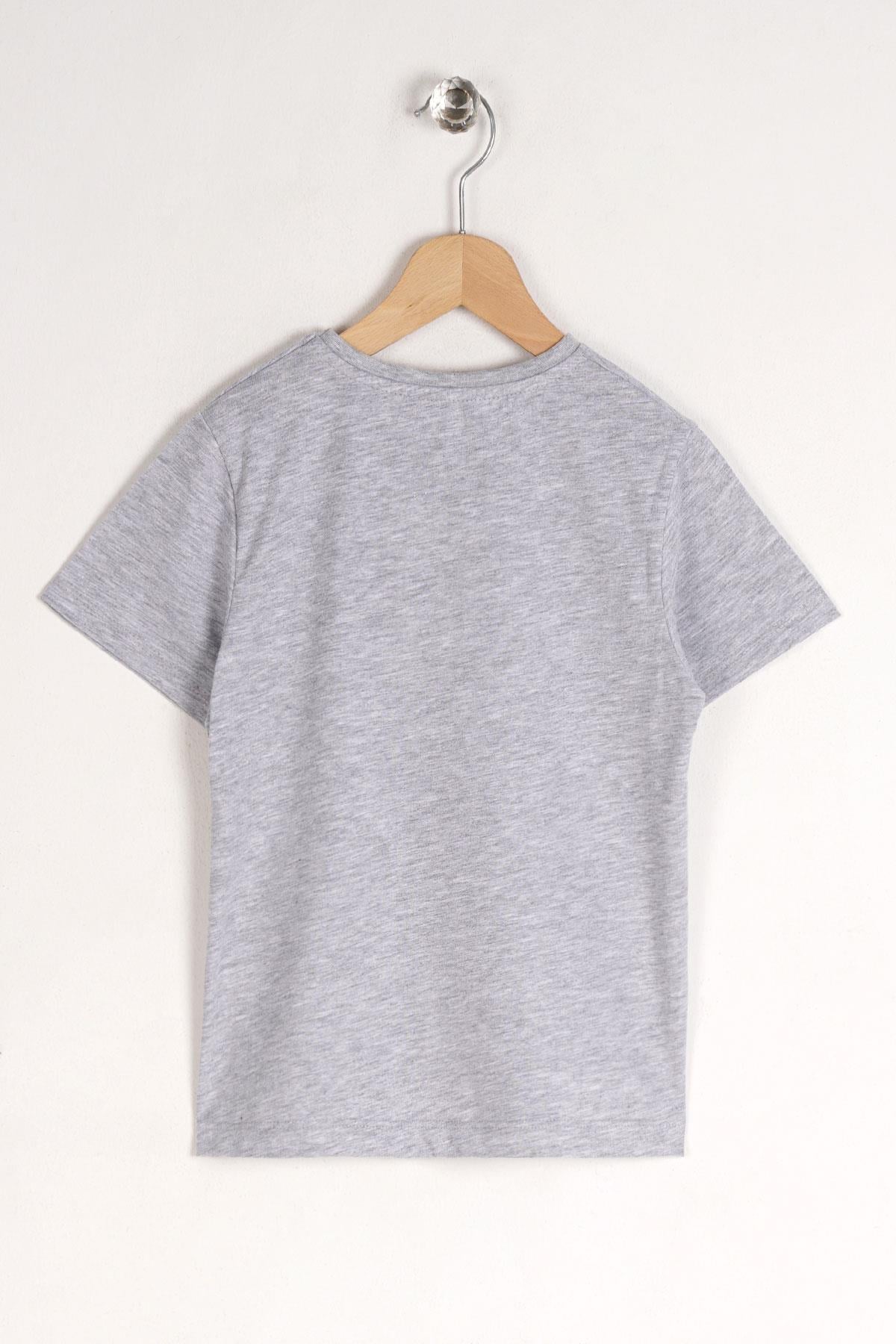 Bisiklet Yaka Kısa Kol Ayı Baskılı Gri Renk Erkek Çocuk Tshirt