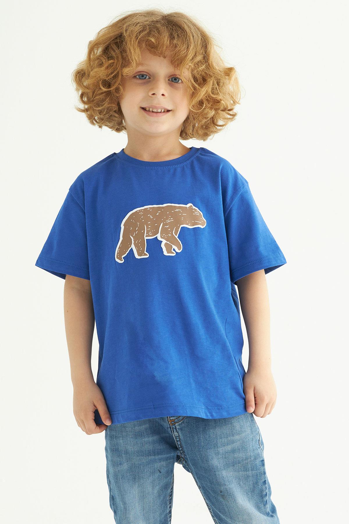 Bisiklet Yaka Kısa Kol Ayı Baskılı Saks Renk Erkek Çocuk Tshirt