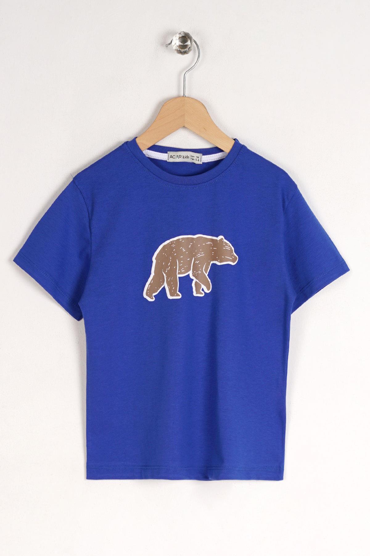 Bisiklet Yaka Kısa Kol Ayı Baskılı Saks Renk Erkek Çocuk Tshirt