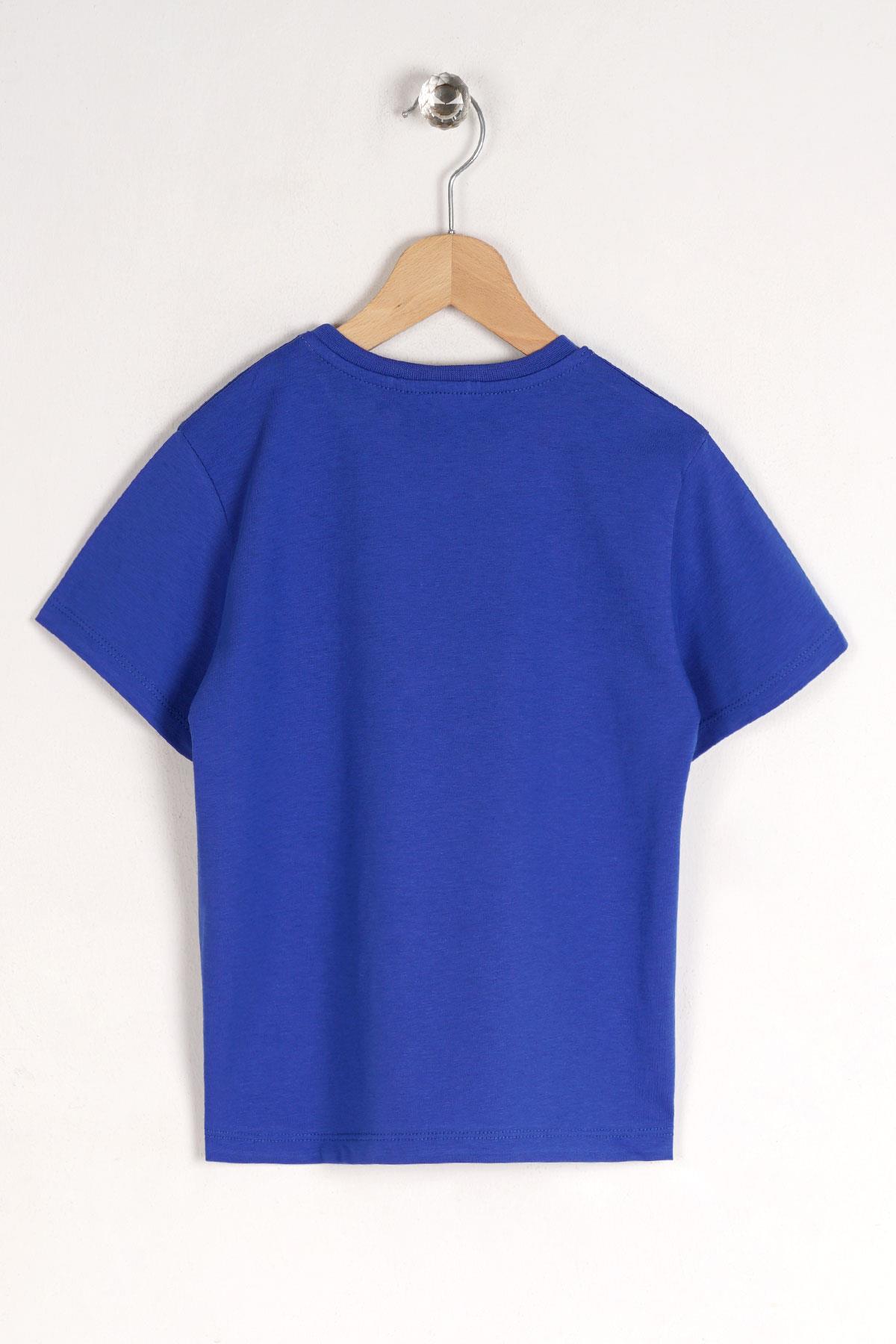 Bisiklet Yaka Kısa Kol Ayı Baskılı Saks Renk Erkek Çocuk Tshirt