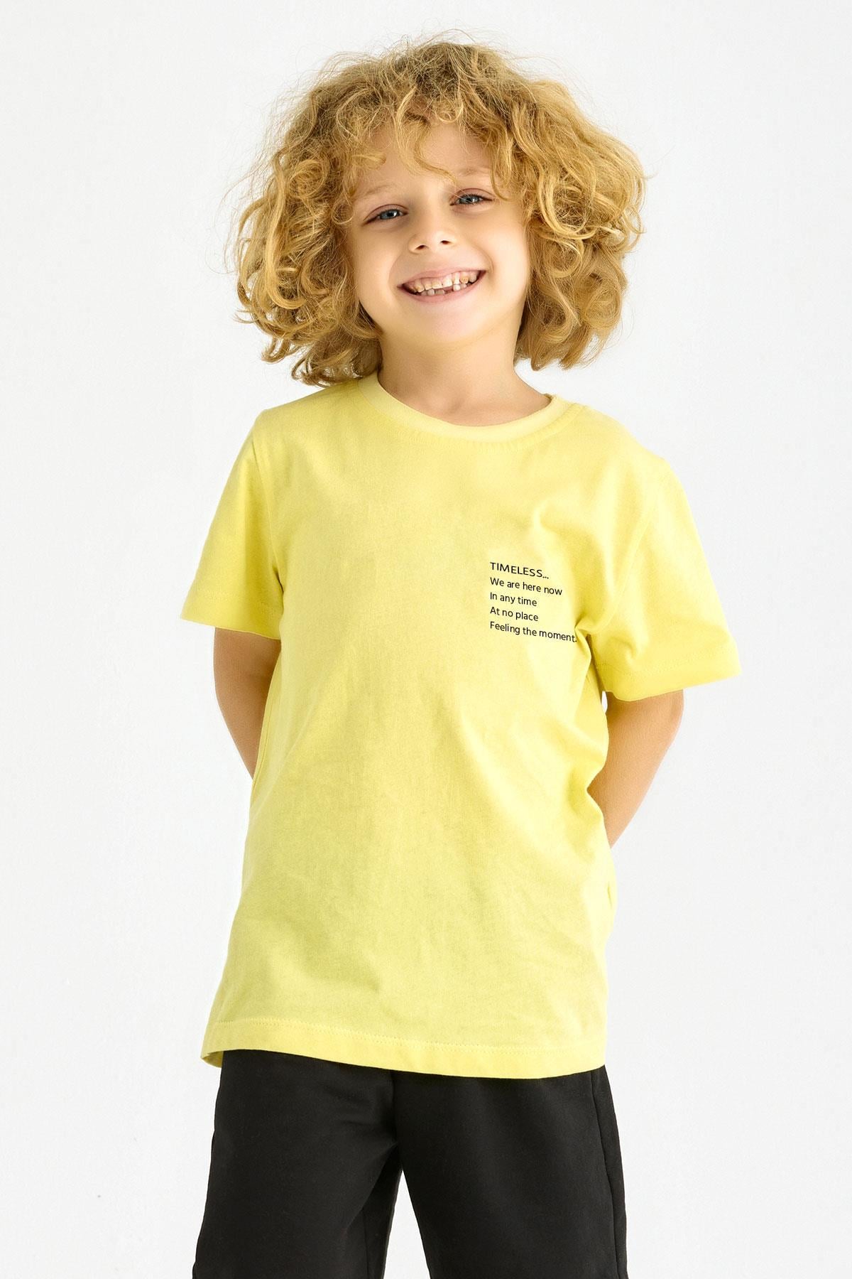 Bisiklet Yaka Kısa Kol Timeless Baskılı Açık Sarı Renk Erkek Çocuk Tshirt