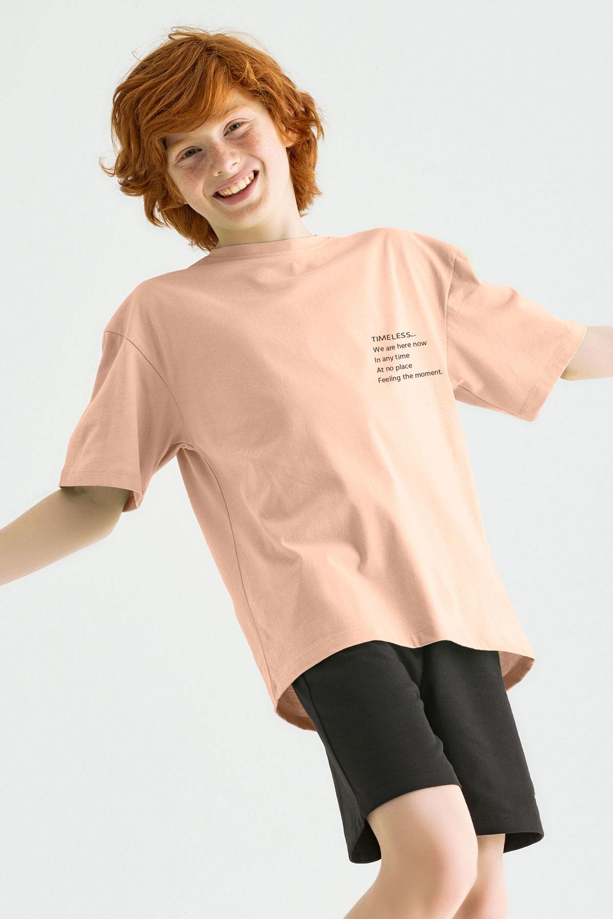 Bisiklet Yaka Kısa Kol Timeless Baskılı Bej Renk Erkek Çocuk Tshirt