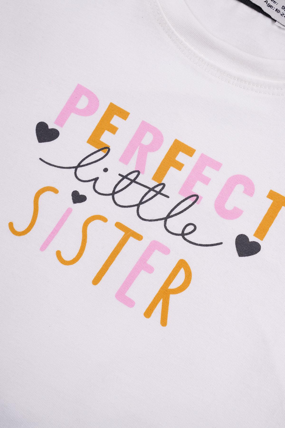 Bisiklet Yaka Kısa Kol Perfect Sister Baskılı Ekru Renk Kız Çocuk Taytlı Takım