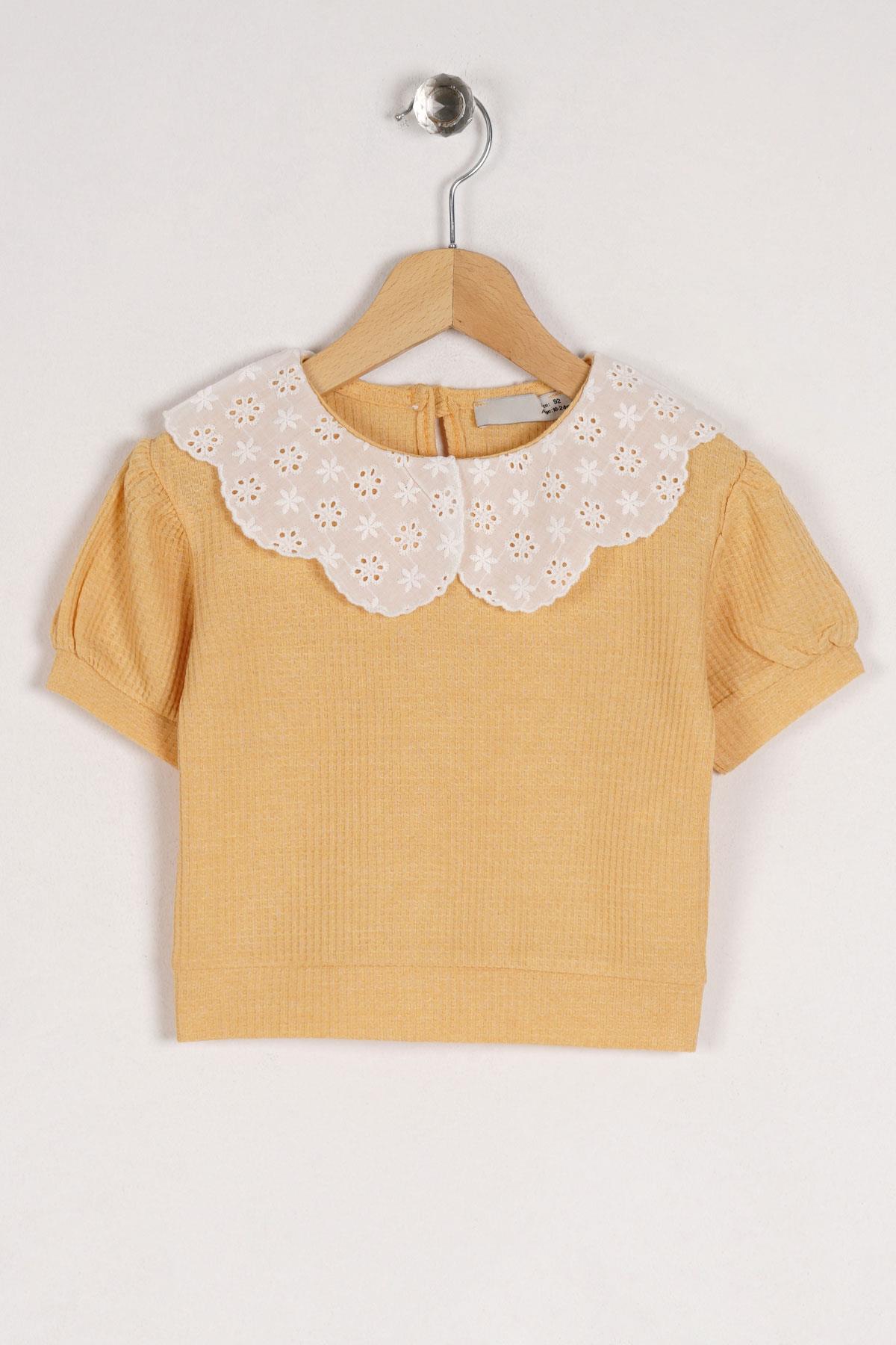 Bebe Yaka Dantelli Mini Kareli Hardal Renk Kız Çocuk Tshirt