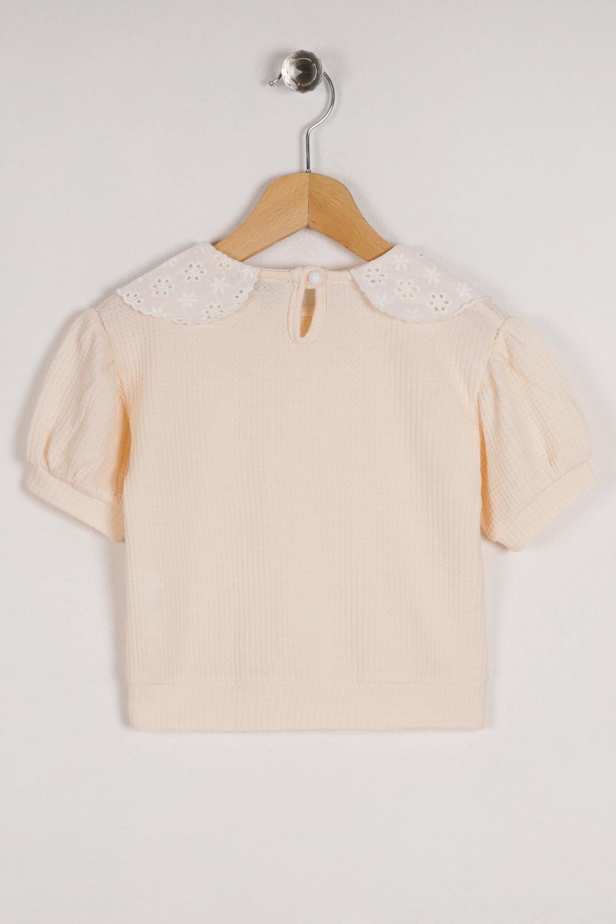 Bebe Yaka Dantelli Mini Kareli Ekru Renk Kız Çocuk Tshirt