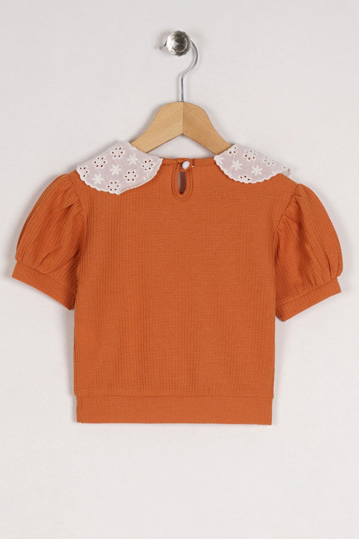 Bebe Yaka Dantelli Mini Kareli Kiremit Renk Kız Çocuk Tshirt