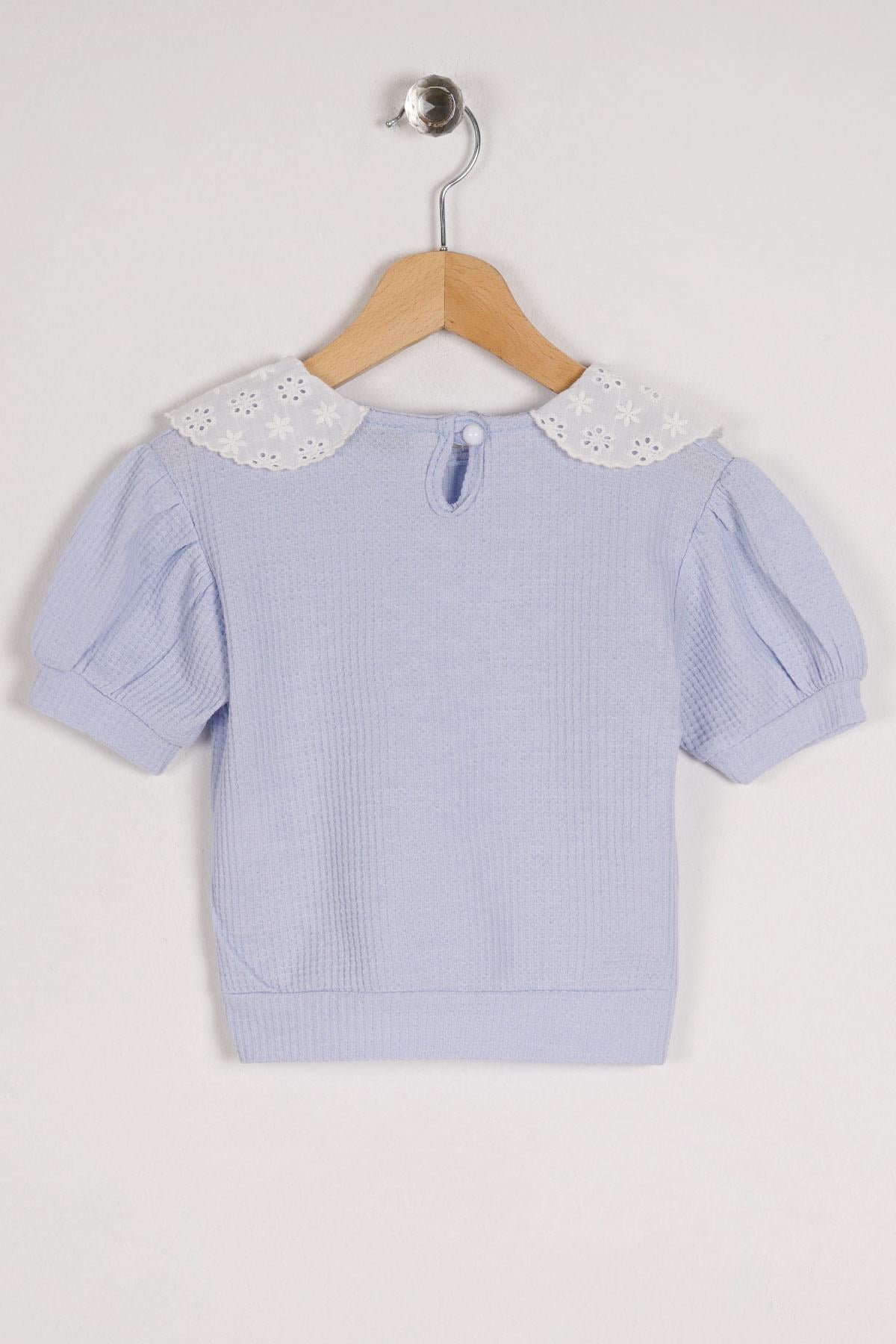 Bebe Yaka Dantelli Mini Kareli Mavi Renk Kız Çocuk Tshirt