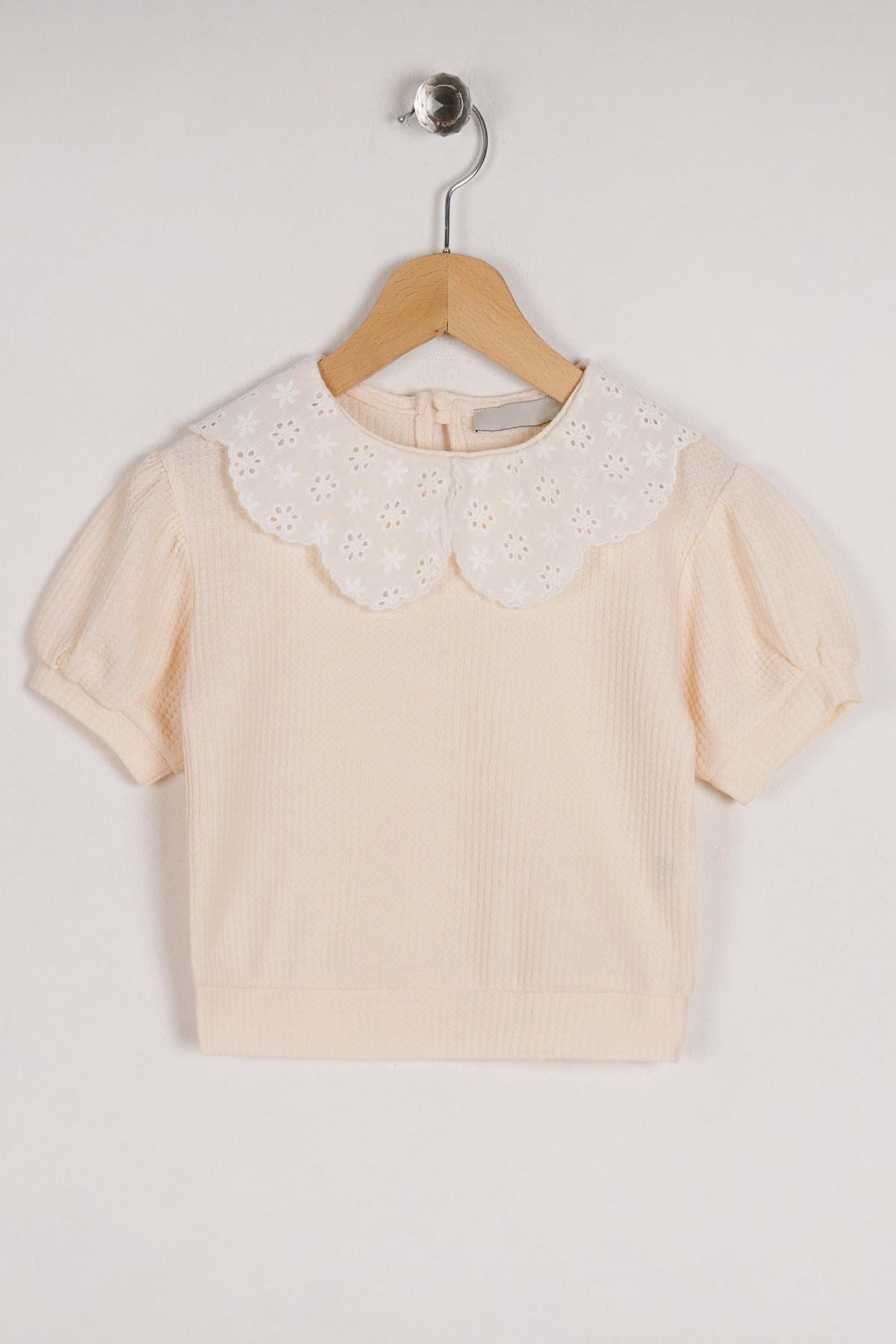 Bebe Yaka Dantelli Mini Kareli Ekru Renk Kız Çocuk Tshirt