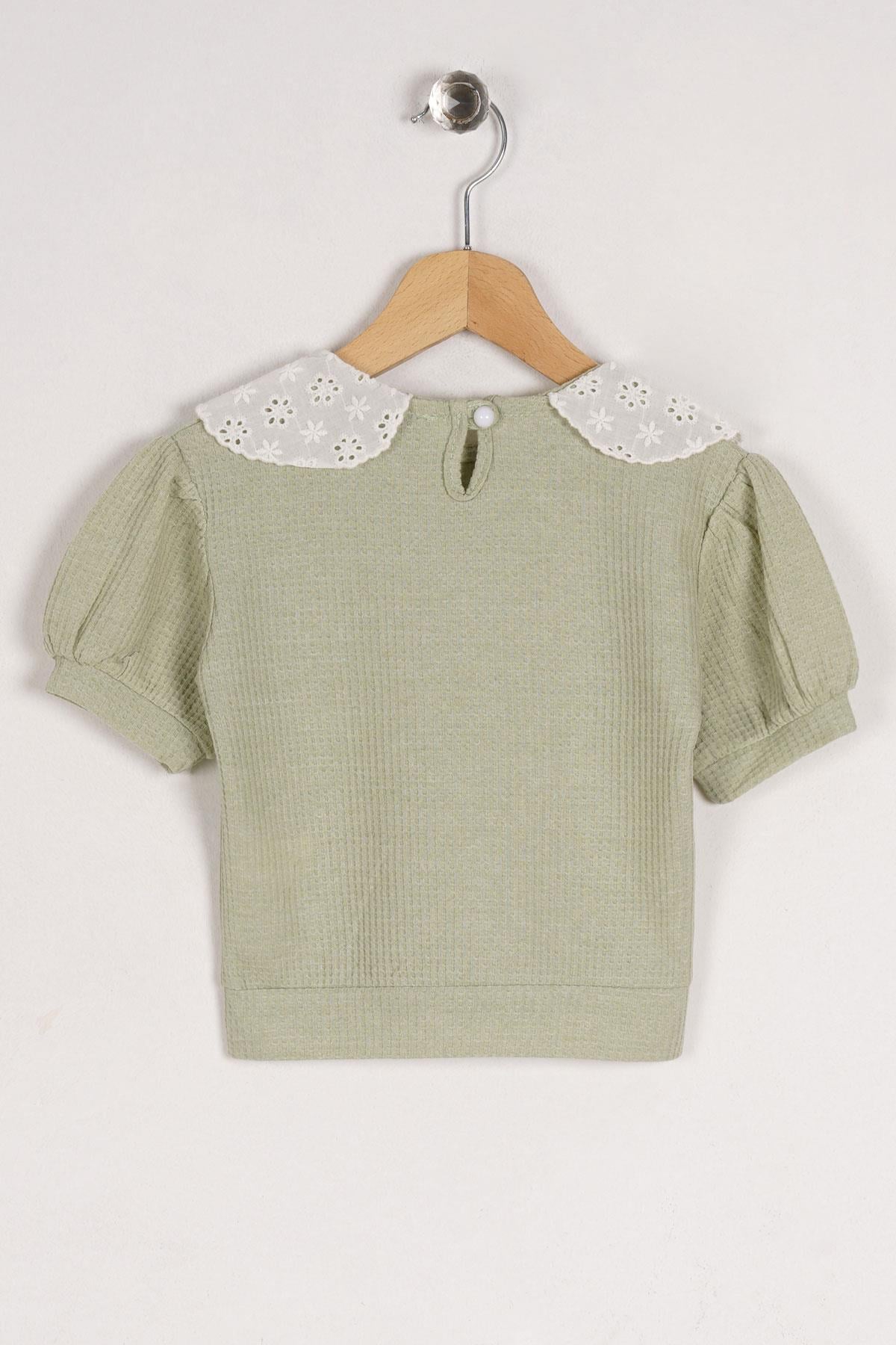 Bebe Yaka Dantelli Mini Kareli Çağla Yeşil Renk Kız Çocuk Tshirt