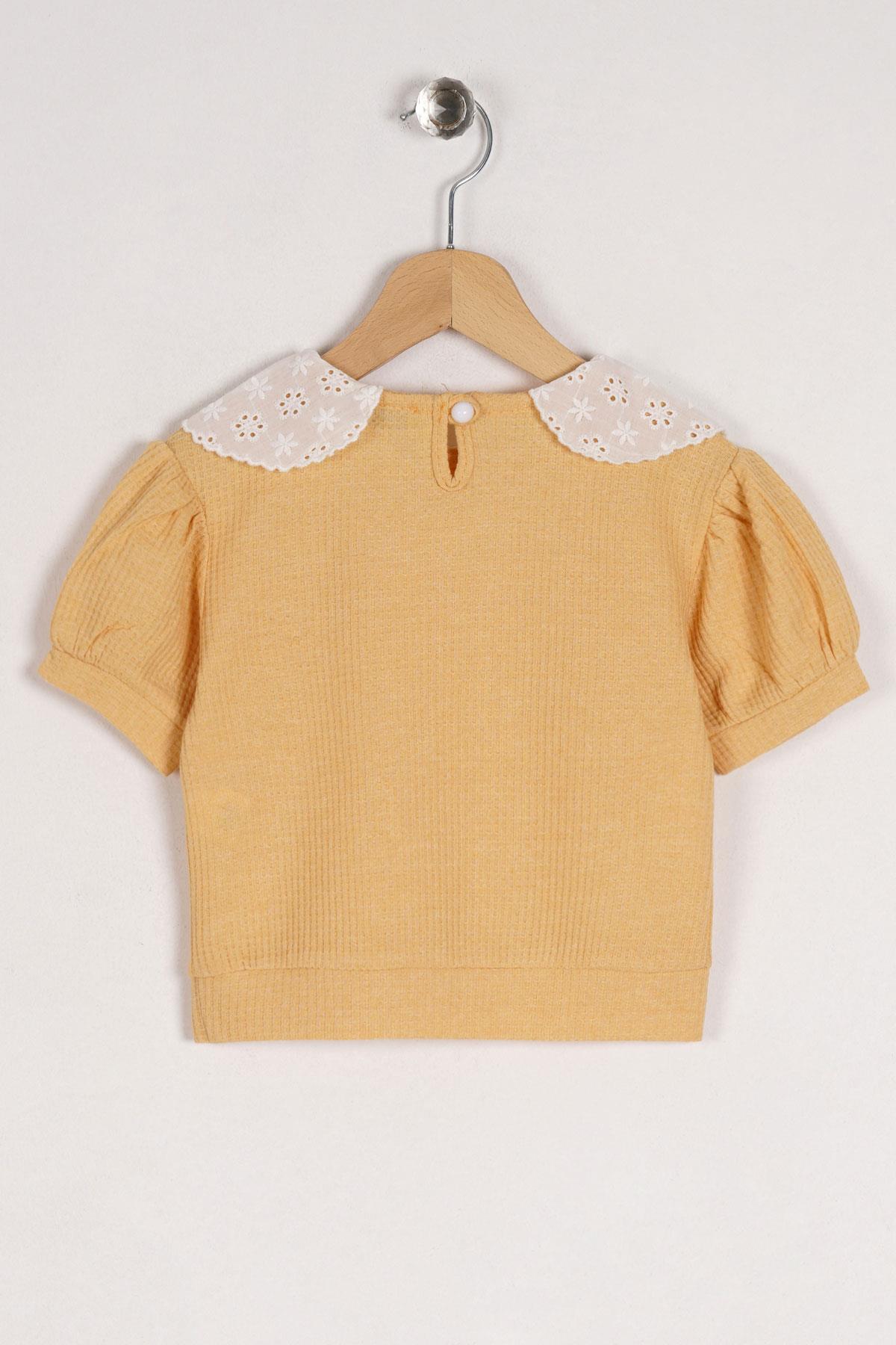 Bebe Yaka Dantelli Mini Kareli Hardal Renk Kız Çocuk Tshirt