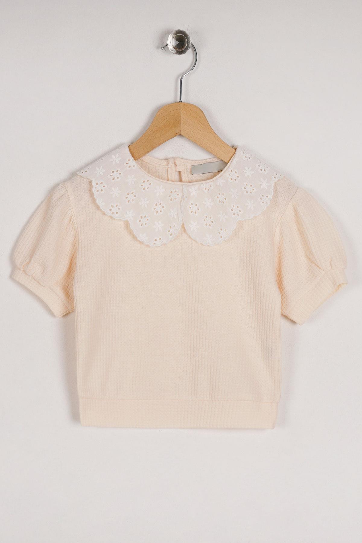 Bebe Yaka Dantelli Mini Kareli Ekru Renk Kız Çocuk Tshirt