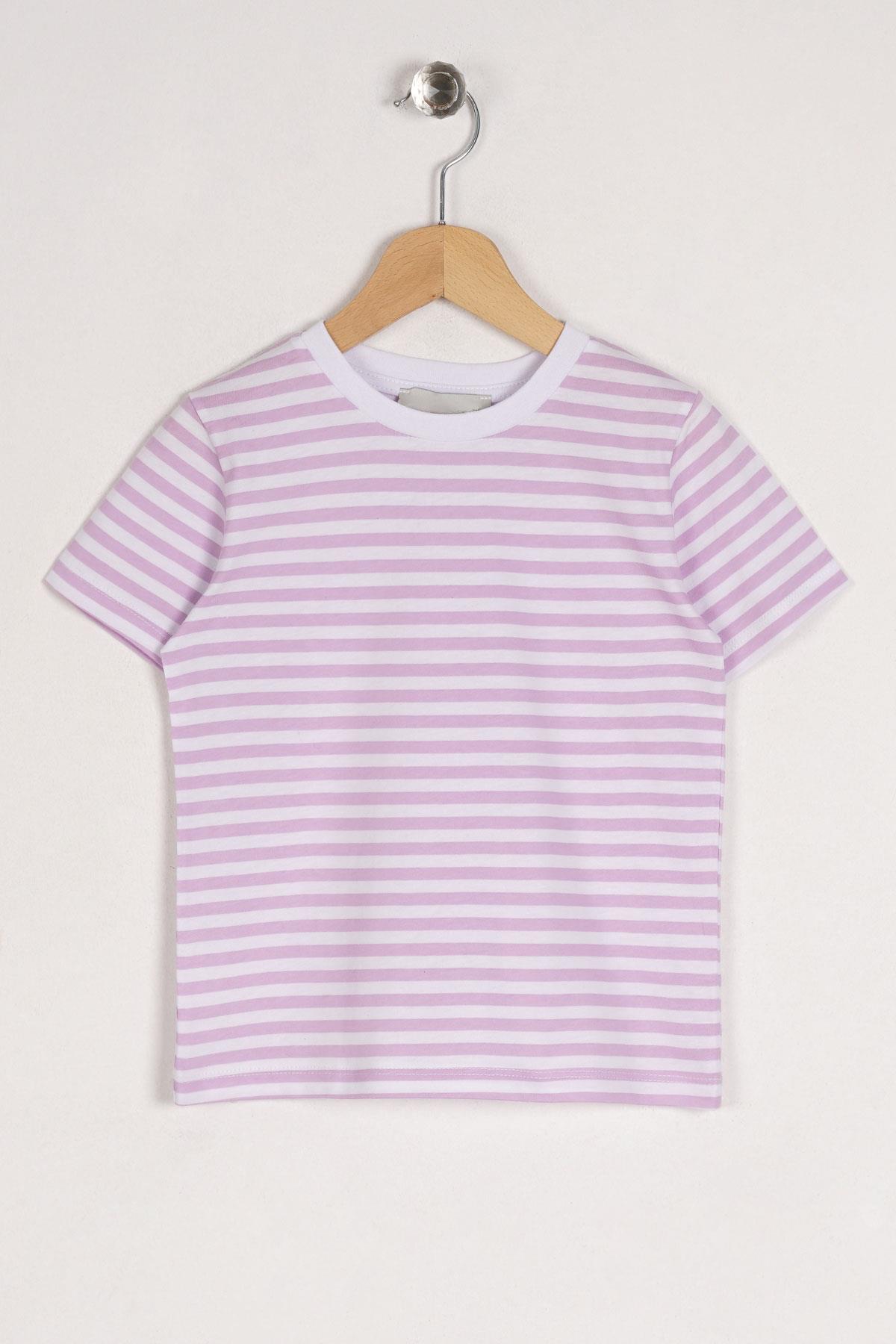Bisiklet Yaka Kısa Kol Çizgili Lila Renk Tshirt