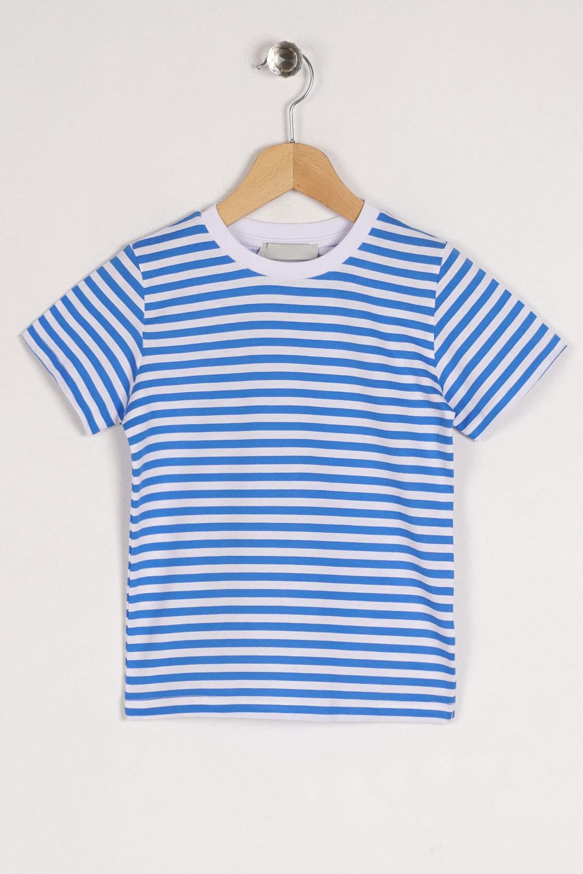 Bisiklet Yaka Kısa Kol Çizgili Indigo Renk Tshirt