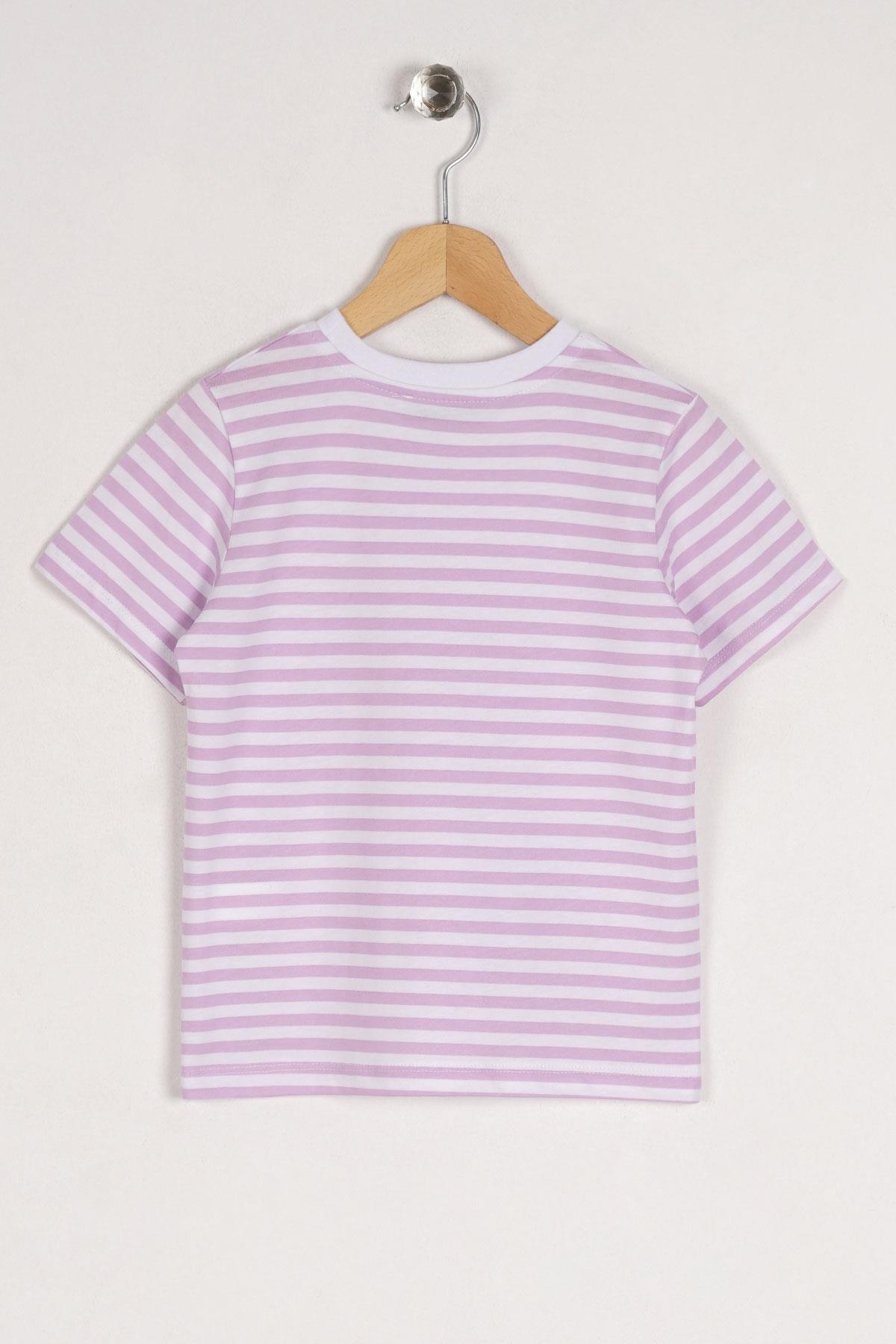 Bisiklet Yaka Kısa Kol Çizgili Lila Renk Tshirt