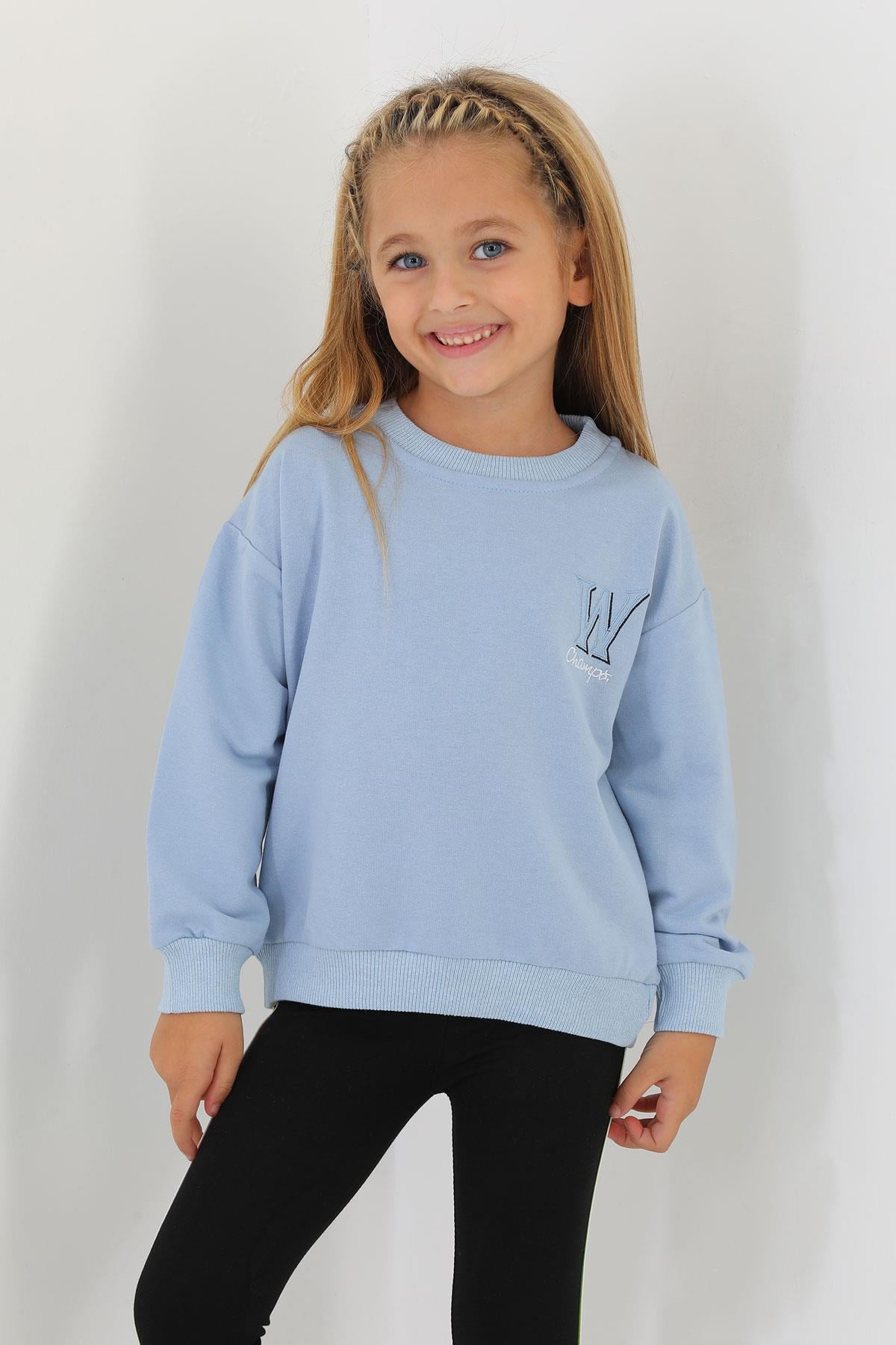 Bisiklet Yaka Uzun Kol W Baskılı Mavi Renk Sweatshirt