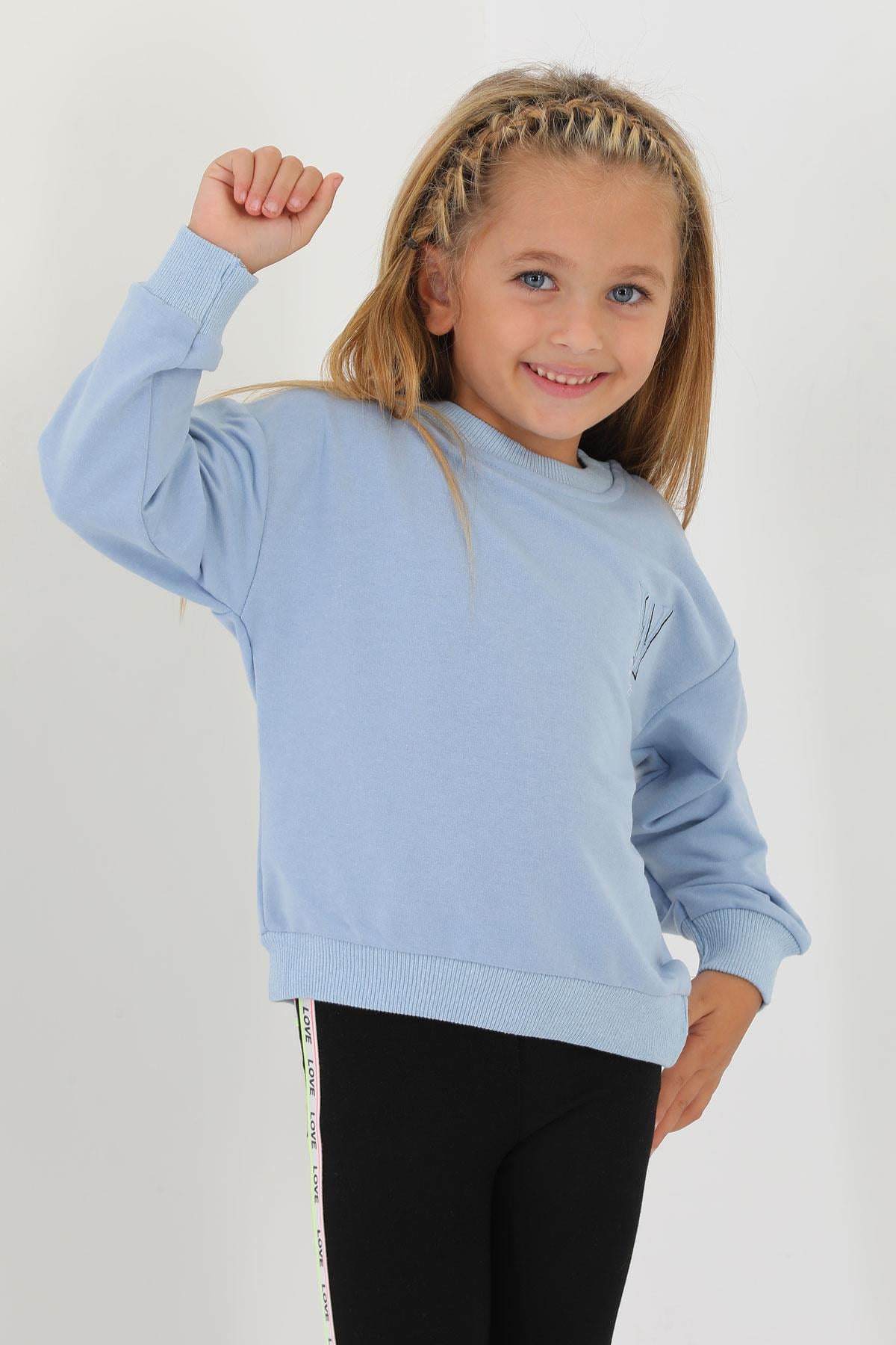 Bisiklet Yaka Uzun Kol W Baskılı Mavi Renk Sweatshirt