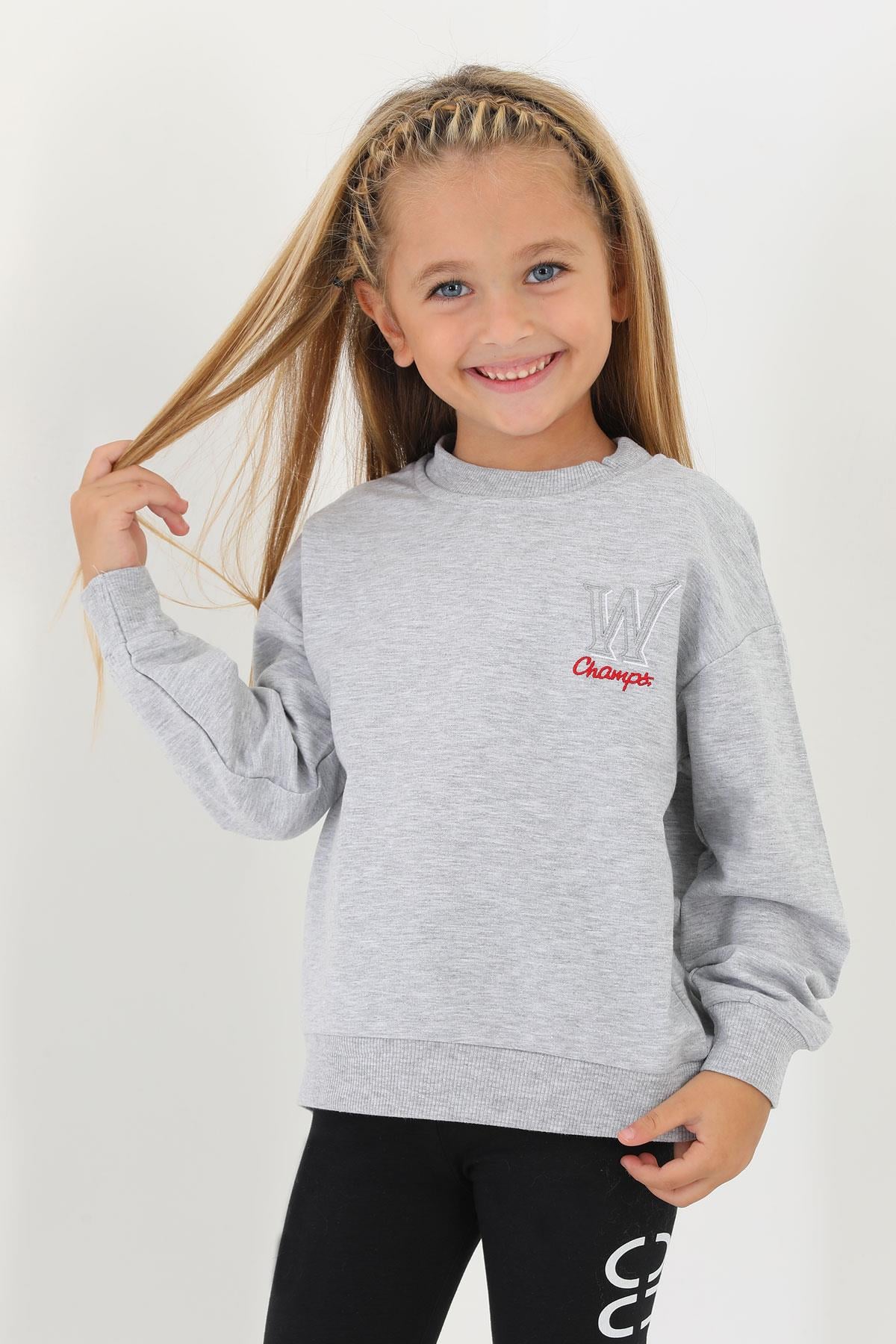 Bisiklet Yaka Uzun Kol W Baskılı Gri Renk Sweatshirt